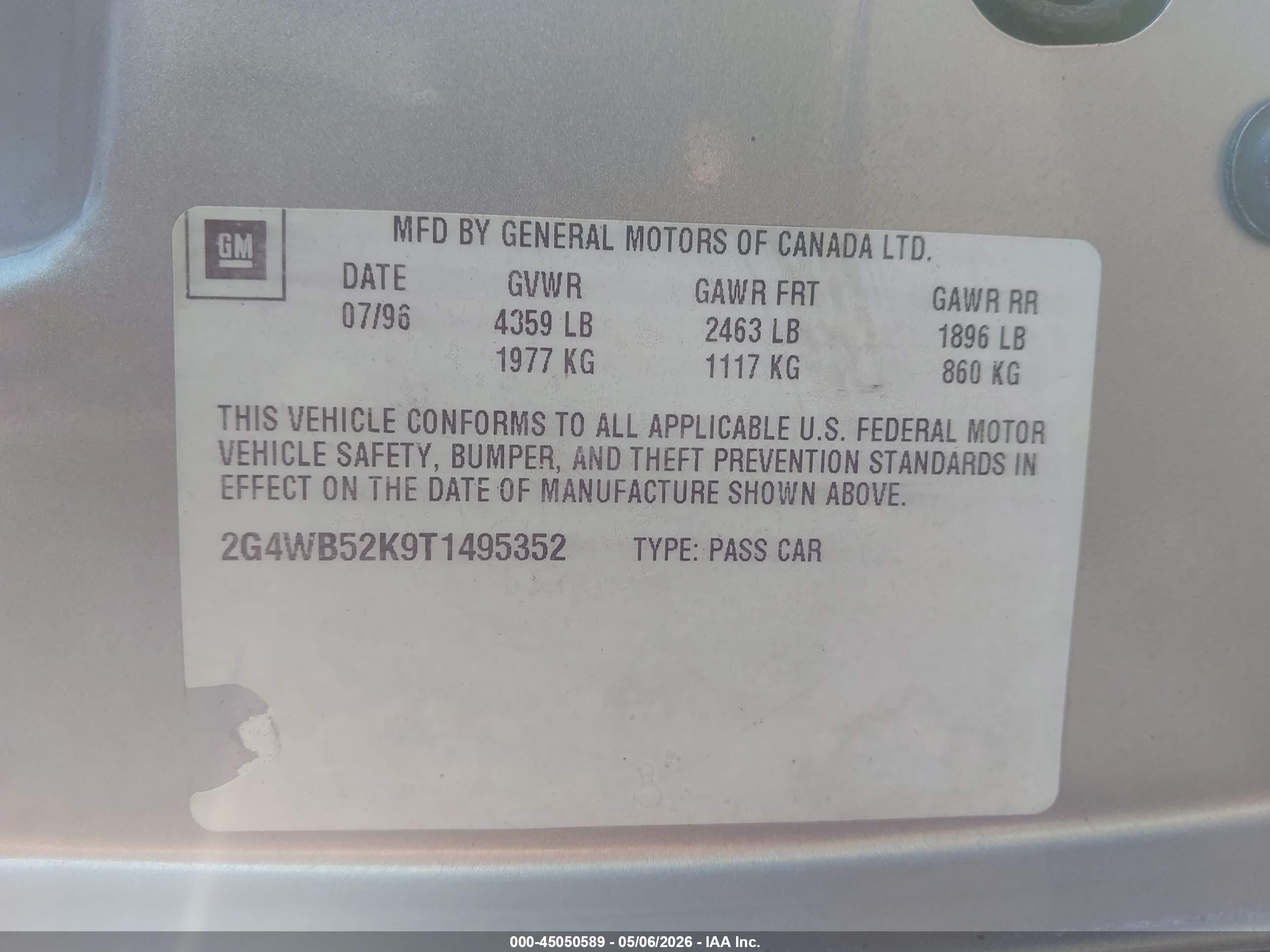 1996 Buick Regal Custom Champagne vin: 2G4WB52K9T1495352