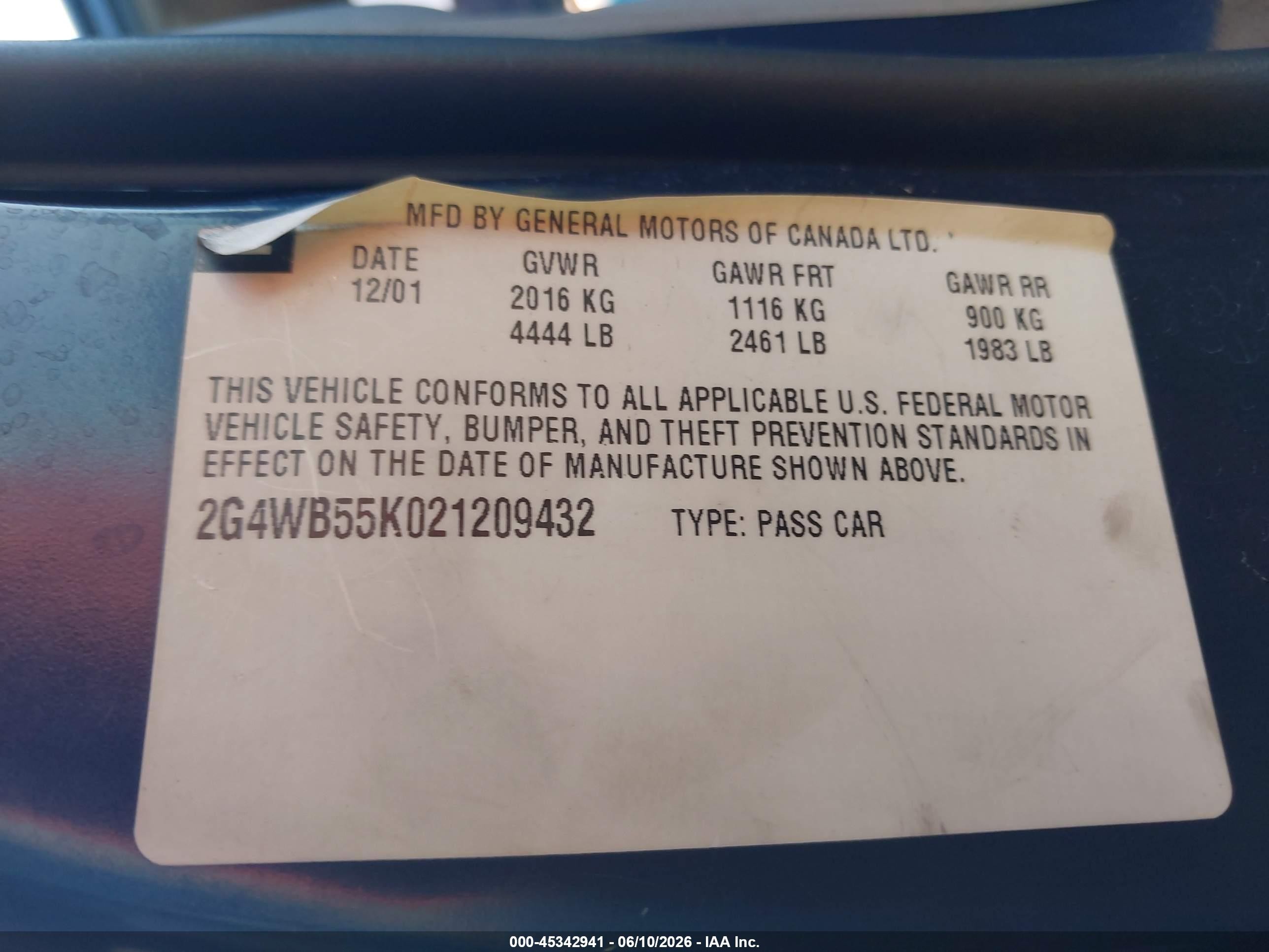 2002 Buick Regal Ls Blue vin: 2G4WB55K021209432