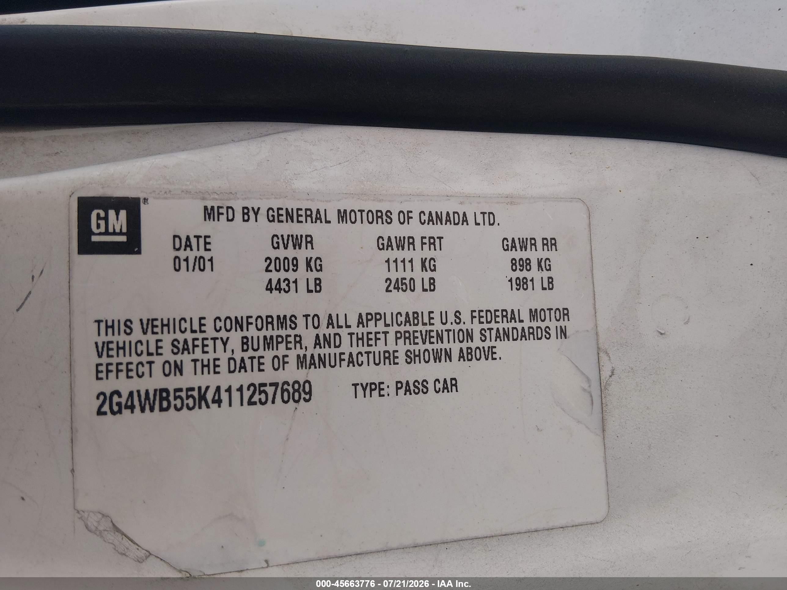 2001 Buick Regal Ls White vin: 2G4WB55K411257689