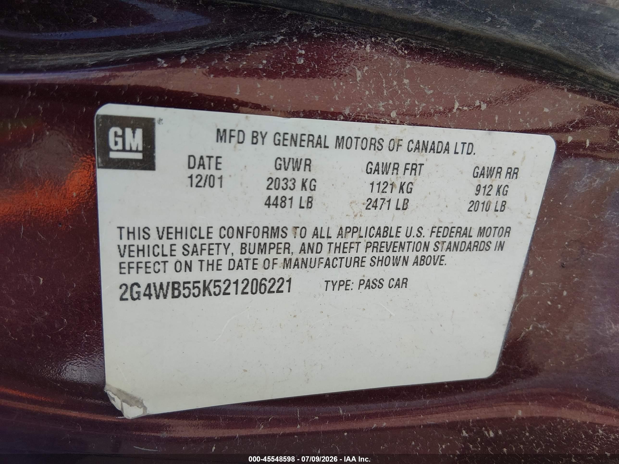 2002 Buick Regal Ls Maroon vin: 2G4WB55K521206221