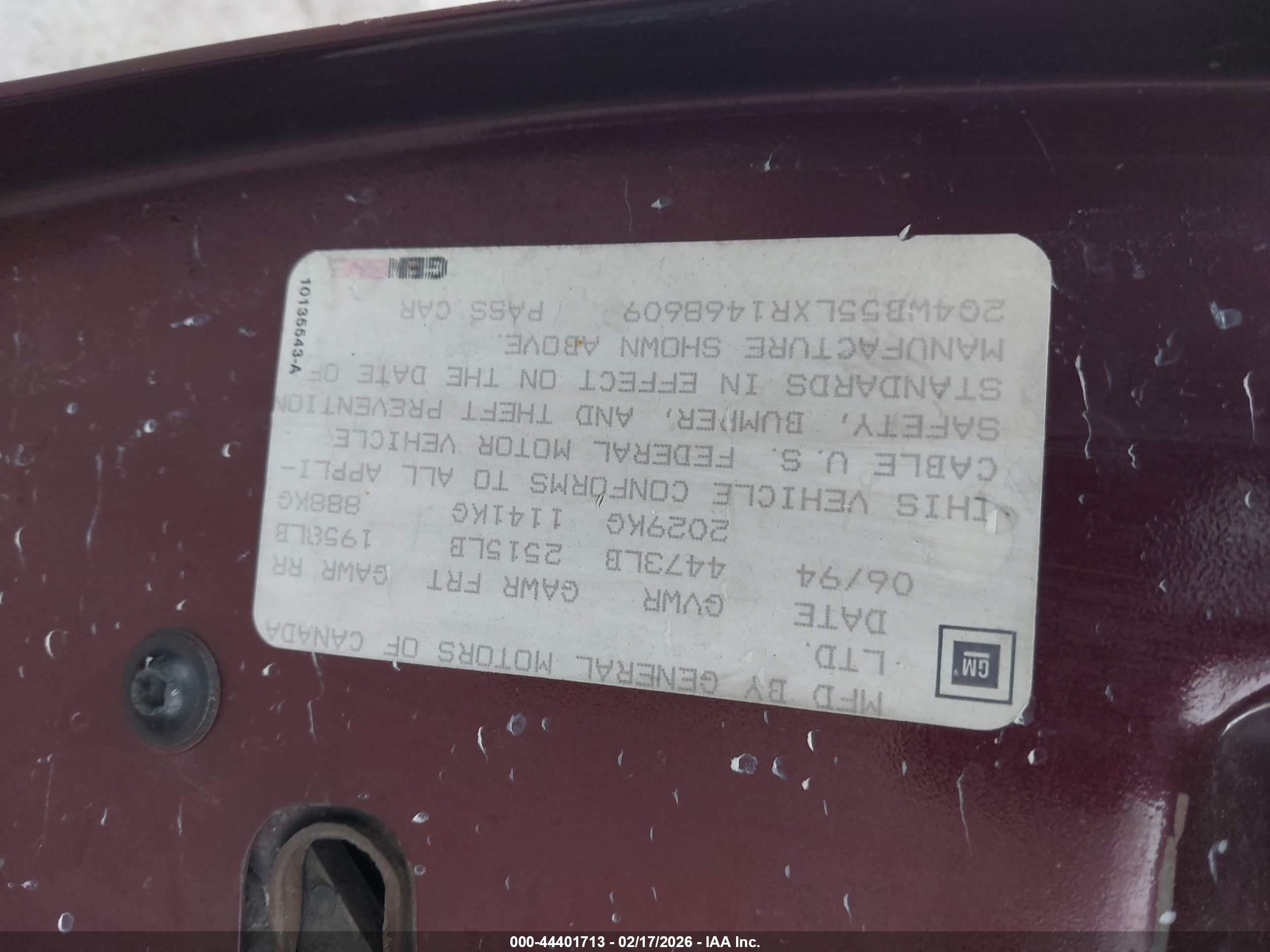 1994 Buick Regal Custom Burgundy vin: 2G4WB55LXR1468609