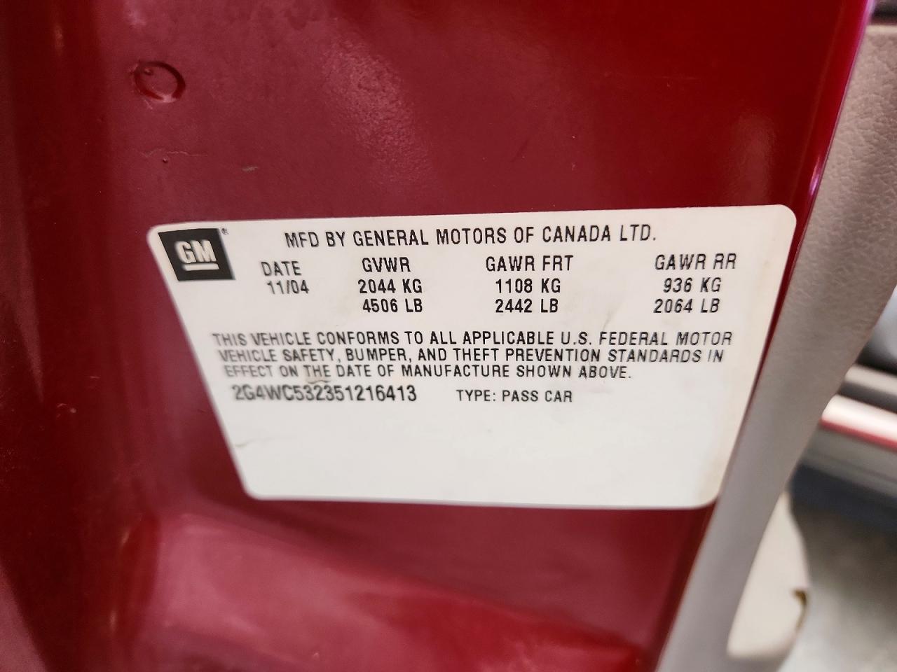 2005 Buick Lacrosse Cx Burgundy vin: 2G4WC532351216413