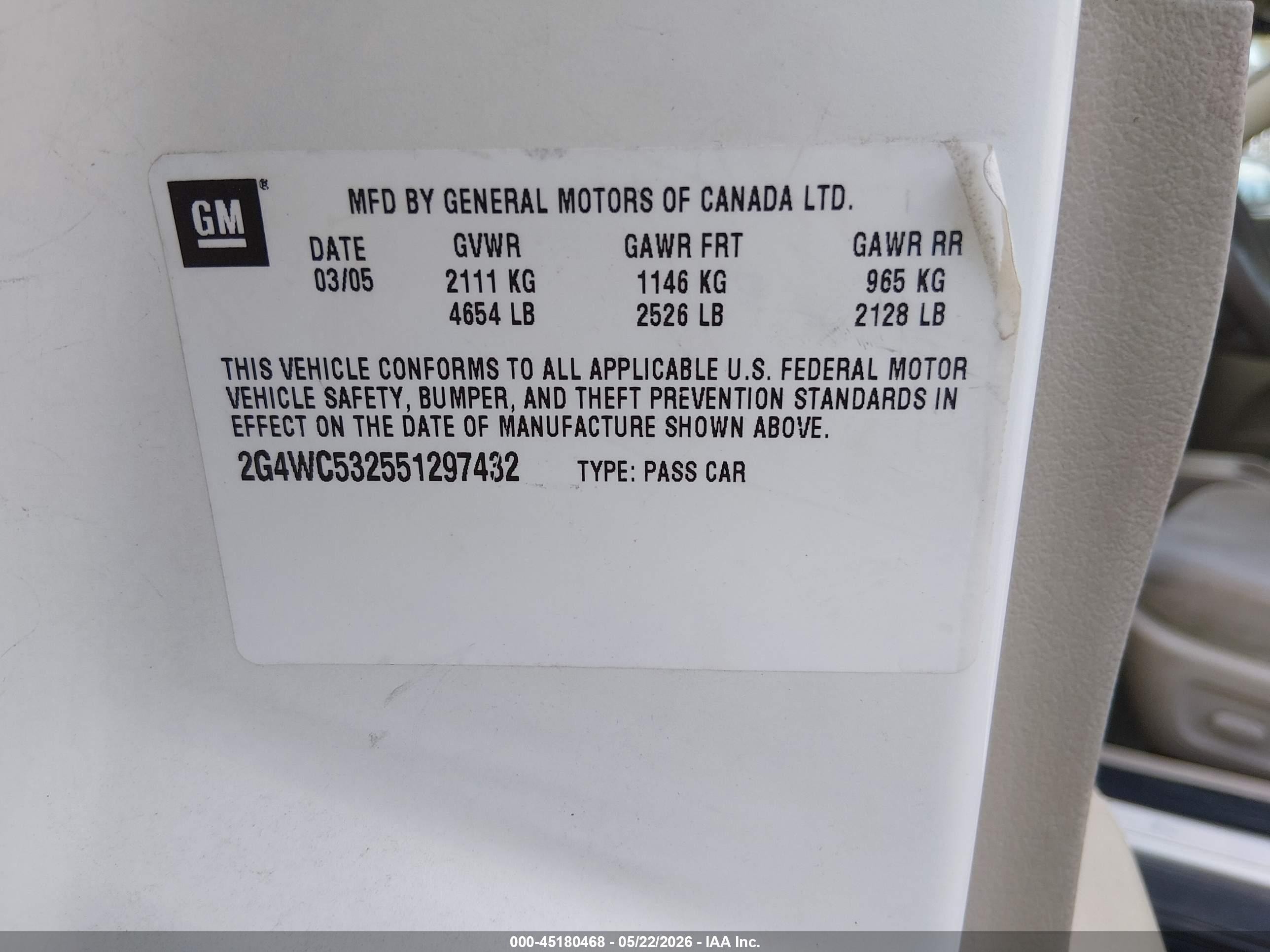 2005 Buick Lacrosse Cx Белый vin: 2G4WC532551297432