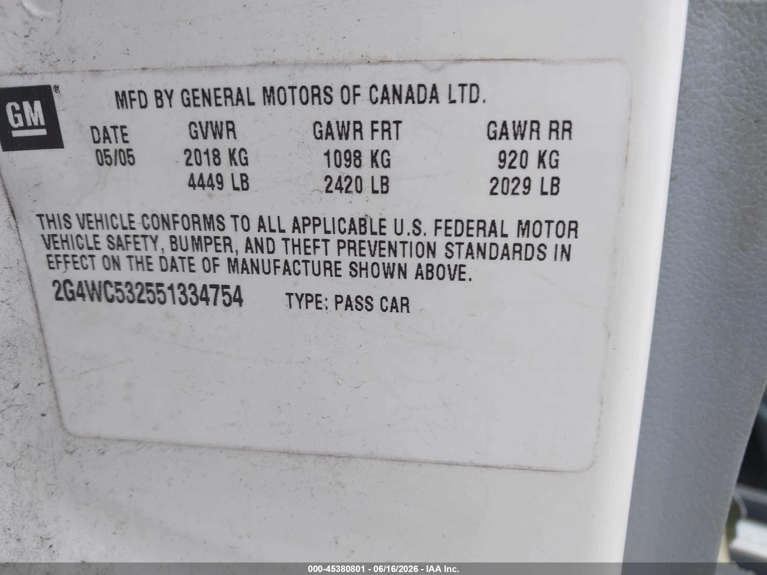 2005 Buick Lacrosse Cx White vin: 2G4WC532551334754