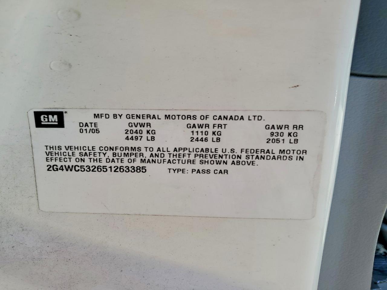 2005 Buick Lacrosse Cx White vin: 2G4WC532651263385