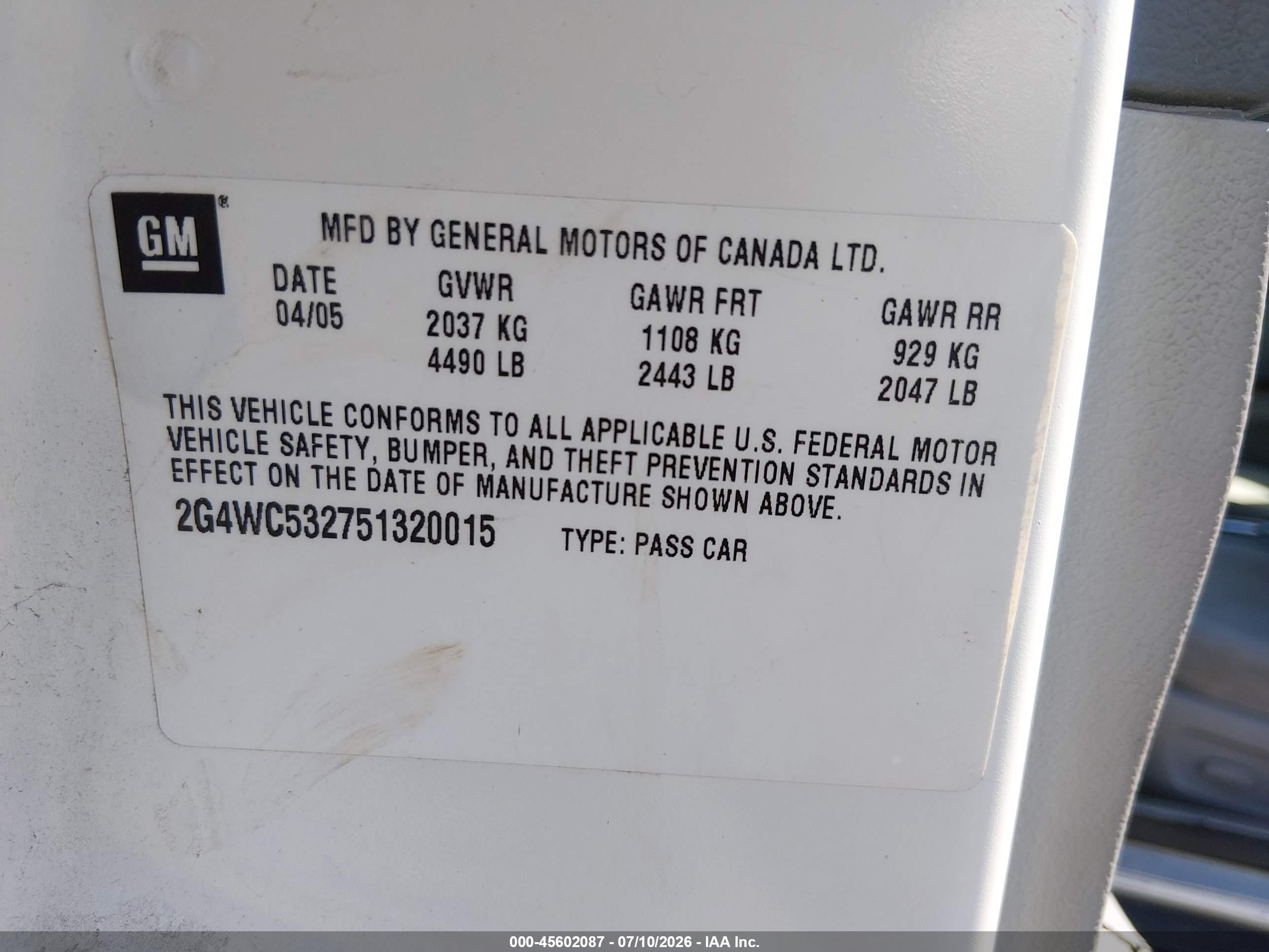 2005 Buick Lacrosse Cx White vin: 2G4WC532751320015