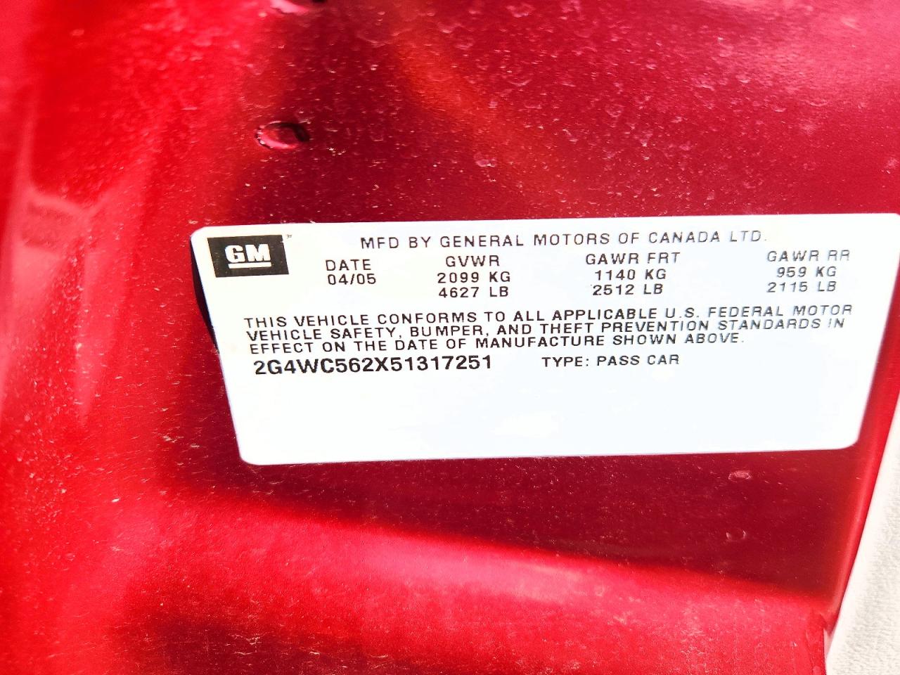 2005 Buick Lacrosse Cx Red vin: 2G4WC562X51317251