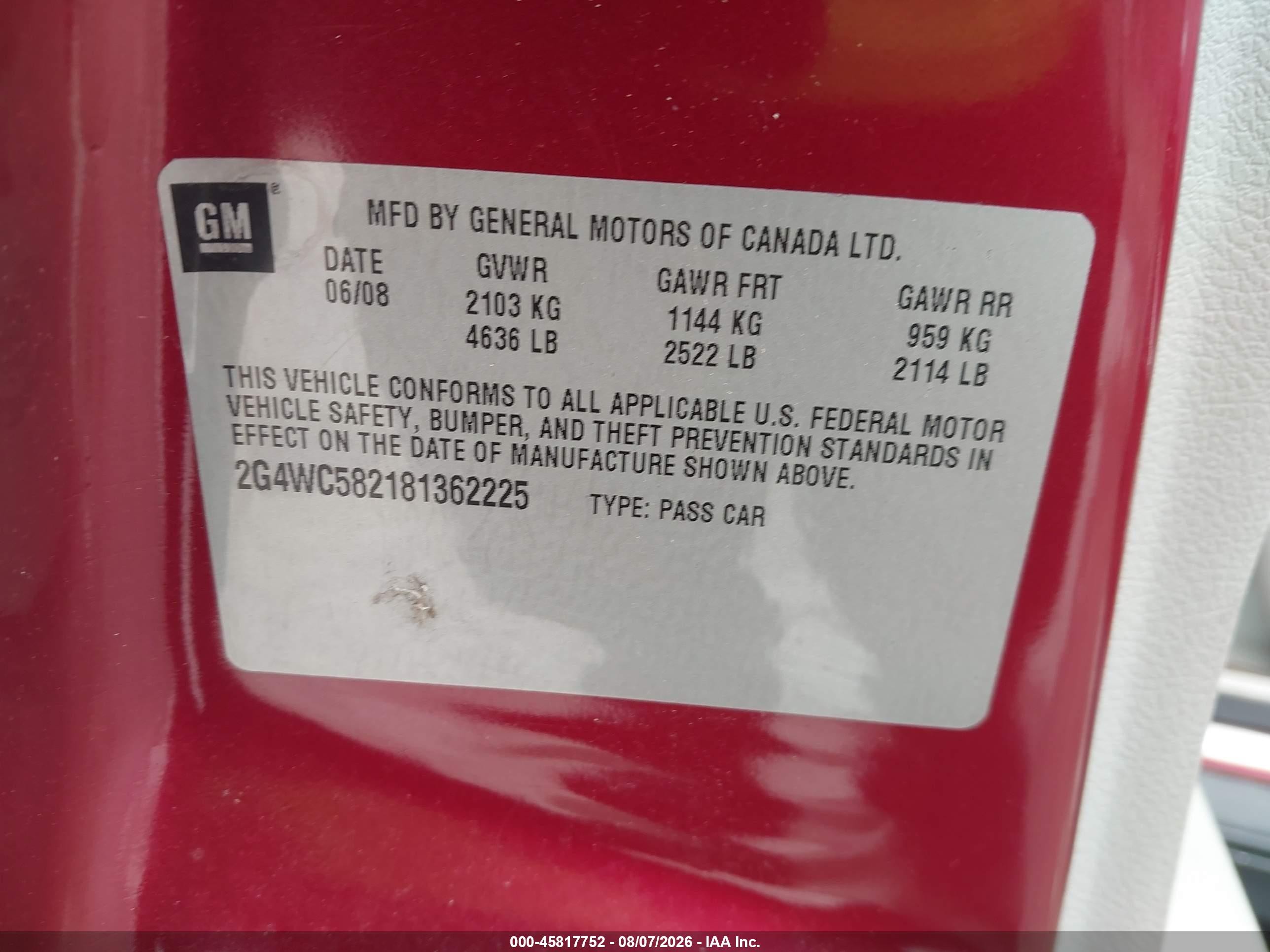 2008 Buick Lacrosse Cx Red vin: 2G4WC582181362225