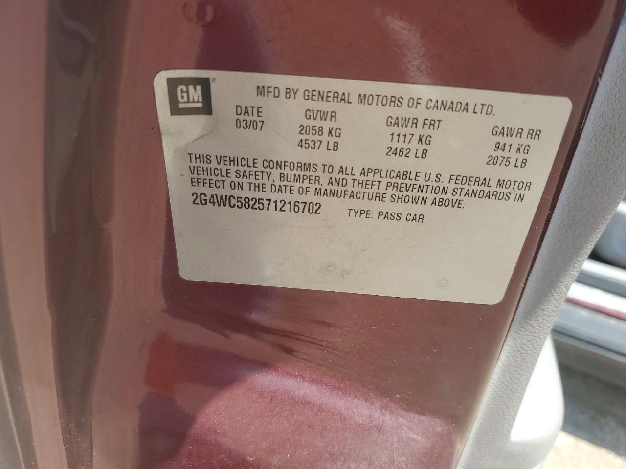 2007 Buick Lacrosse Cx Burgundy vin: 2G4WC582571216702