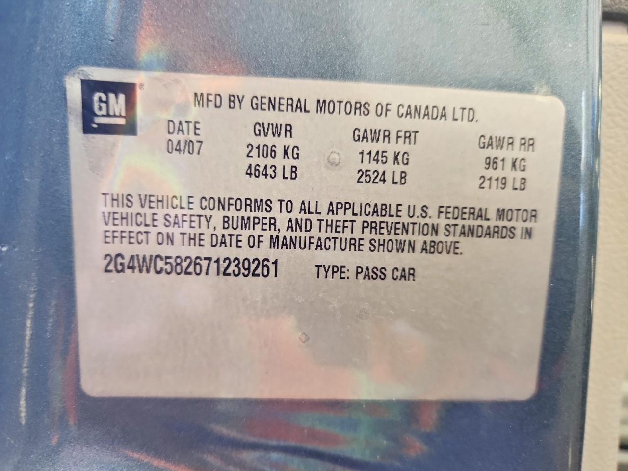 2007 Buick Lacrosse Cx Blue vin: 2G4WC582671239261