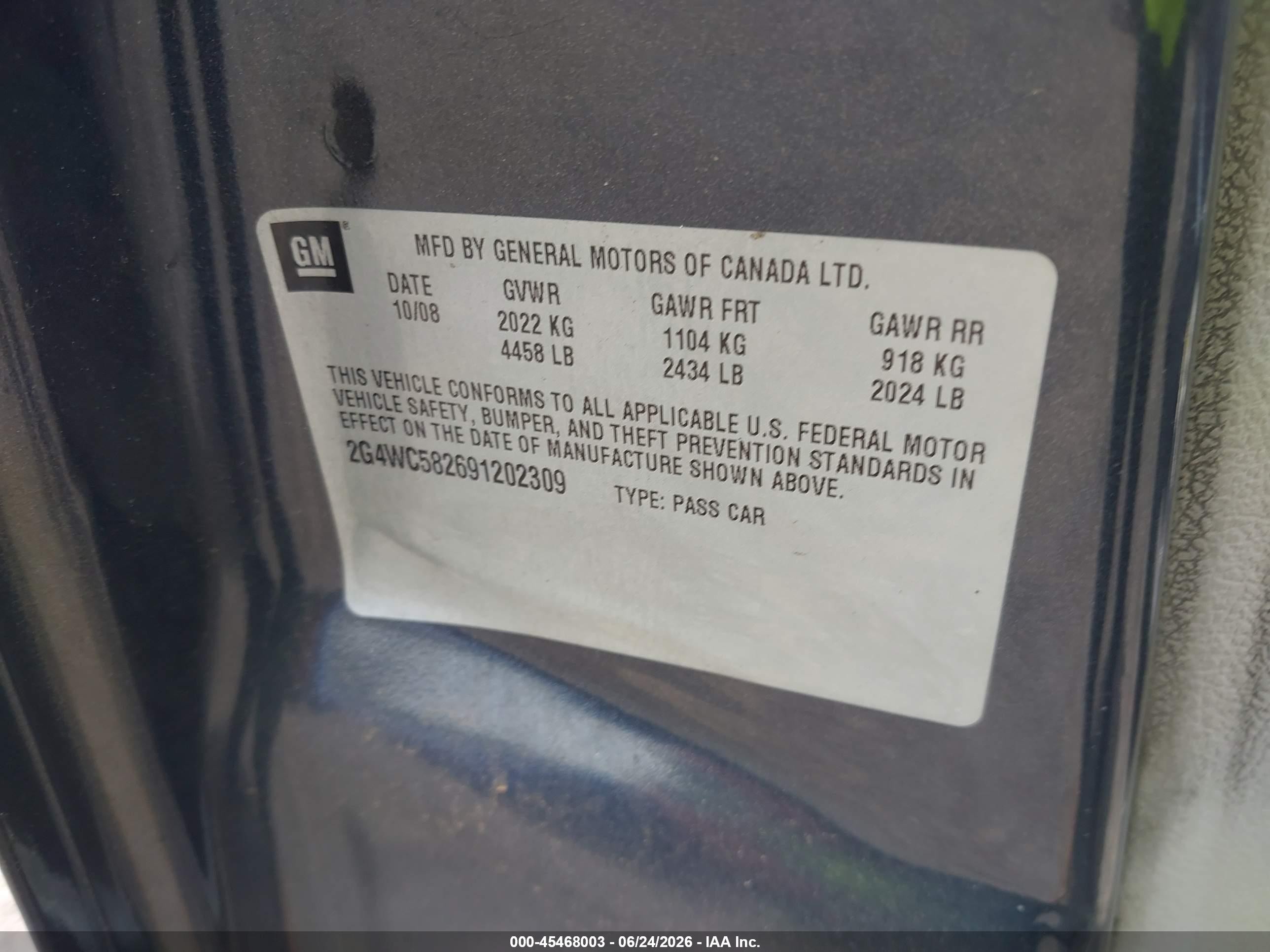 2009 Buick Lacrosse Cx Black vin: 2G4WC582691202309