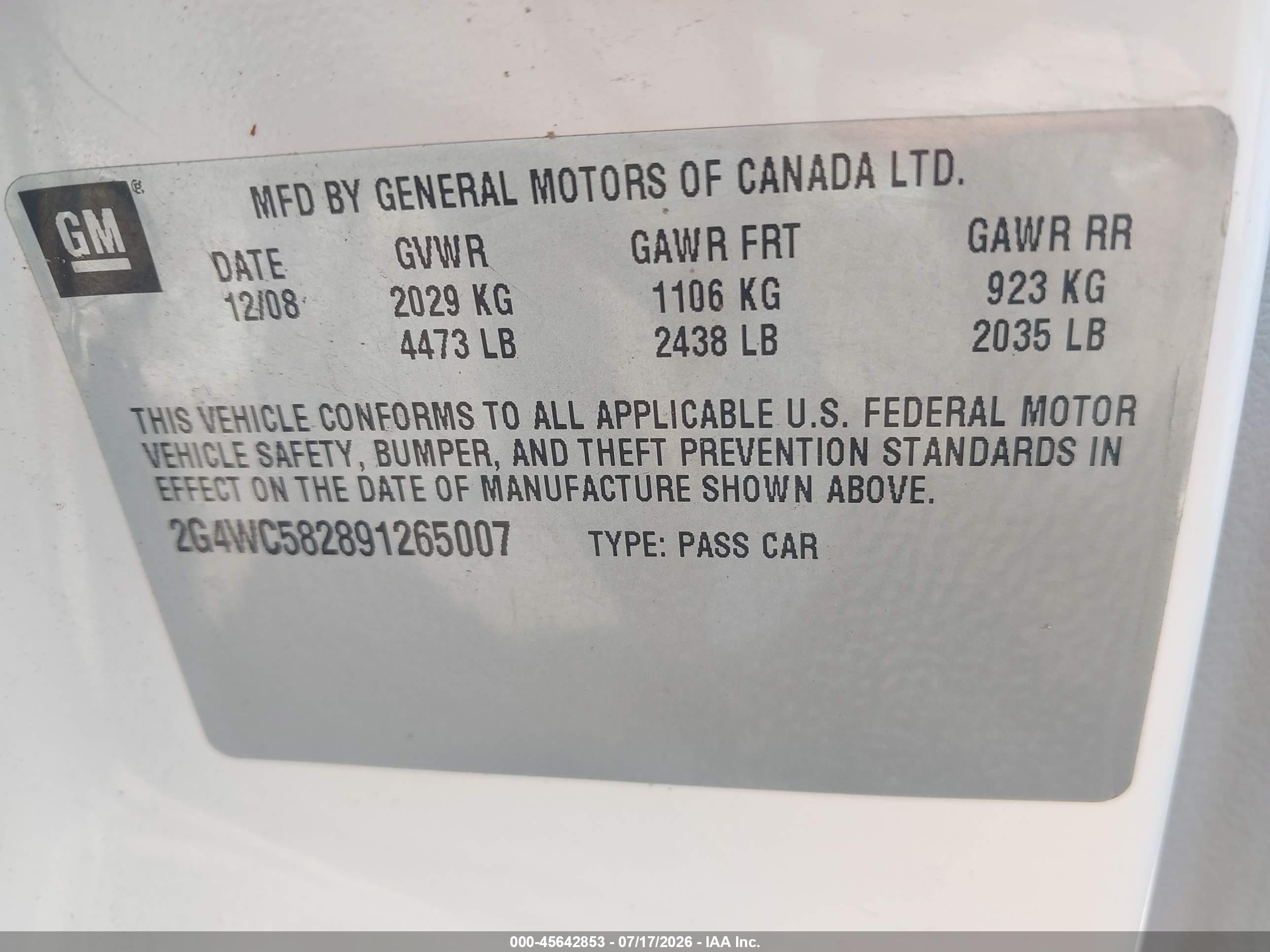 2009 Buick Lacrosse Cx White vin: 2G4WC582891265007