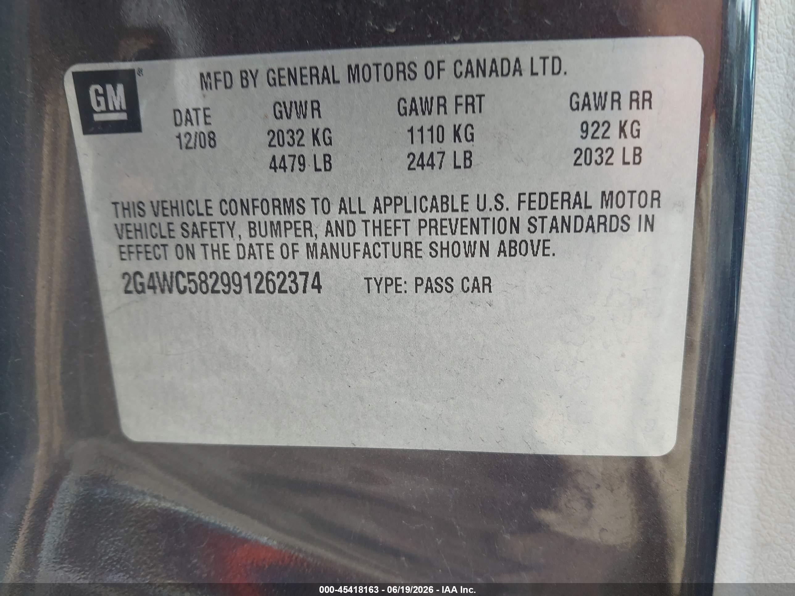 2009 Buick Lacrosse Cx Black vin: 2G4WC582991262374