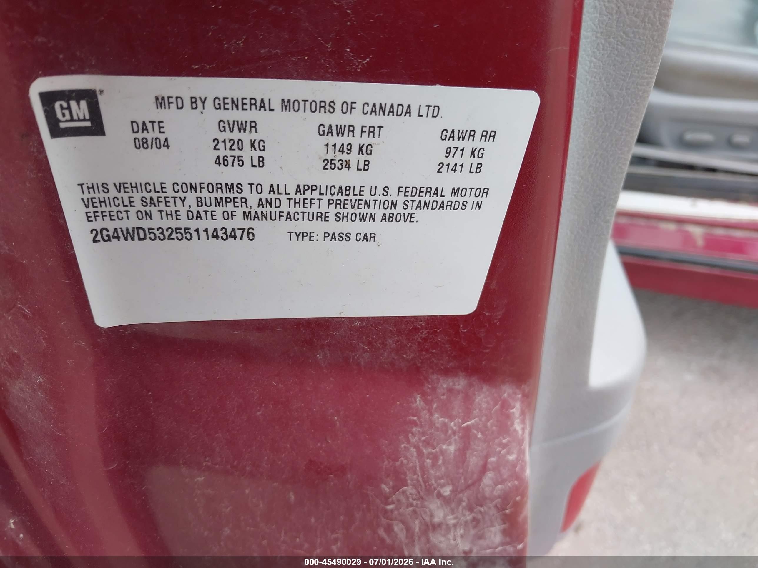 2005 Buick Lacrosse Cxl Maroon vin: 2G4WD532551143476