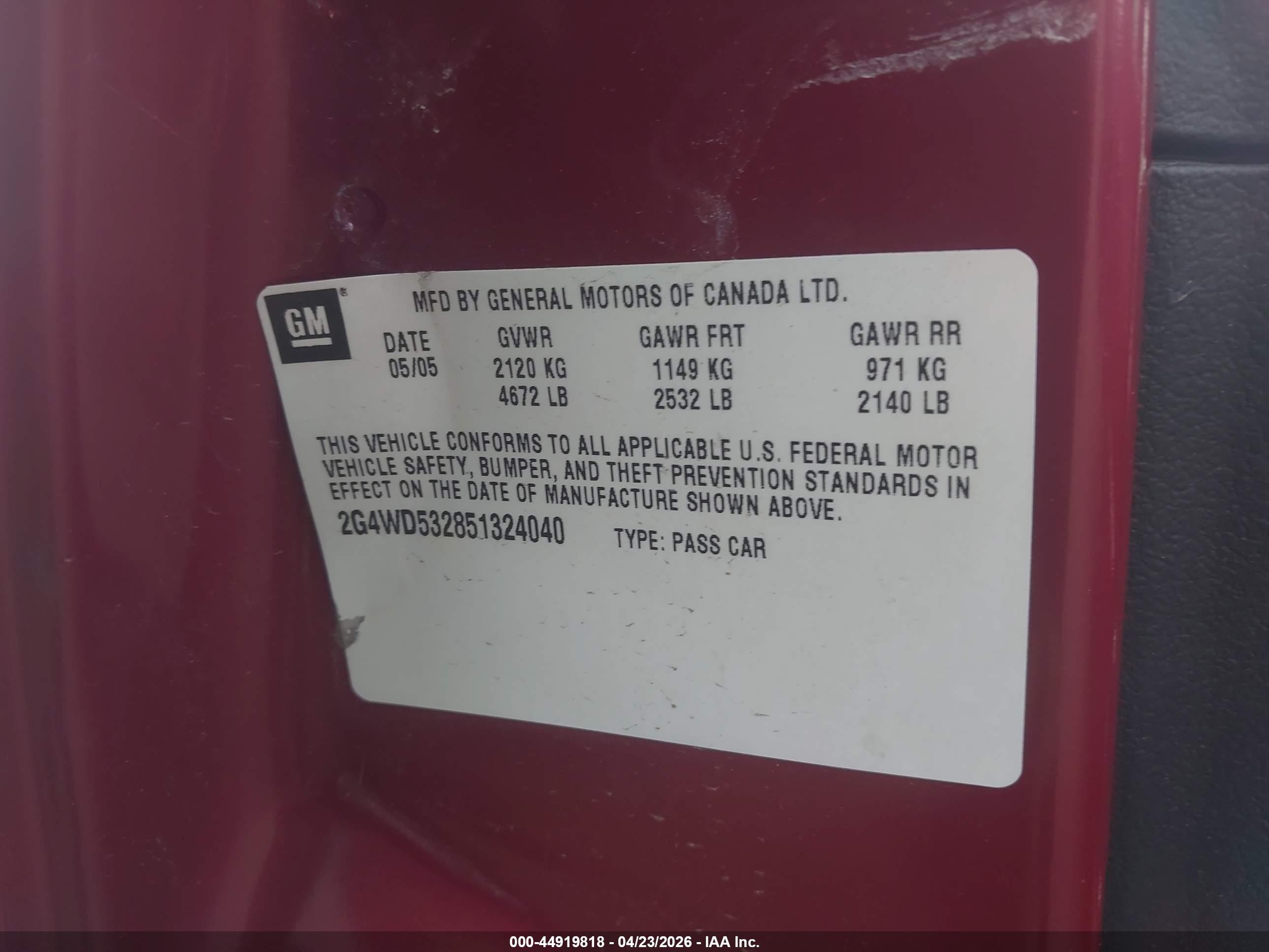 2005 Buick Lacrosse Cxl Red vin: 2G4WD532851324040