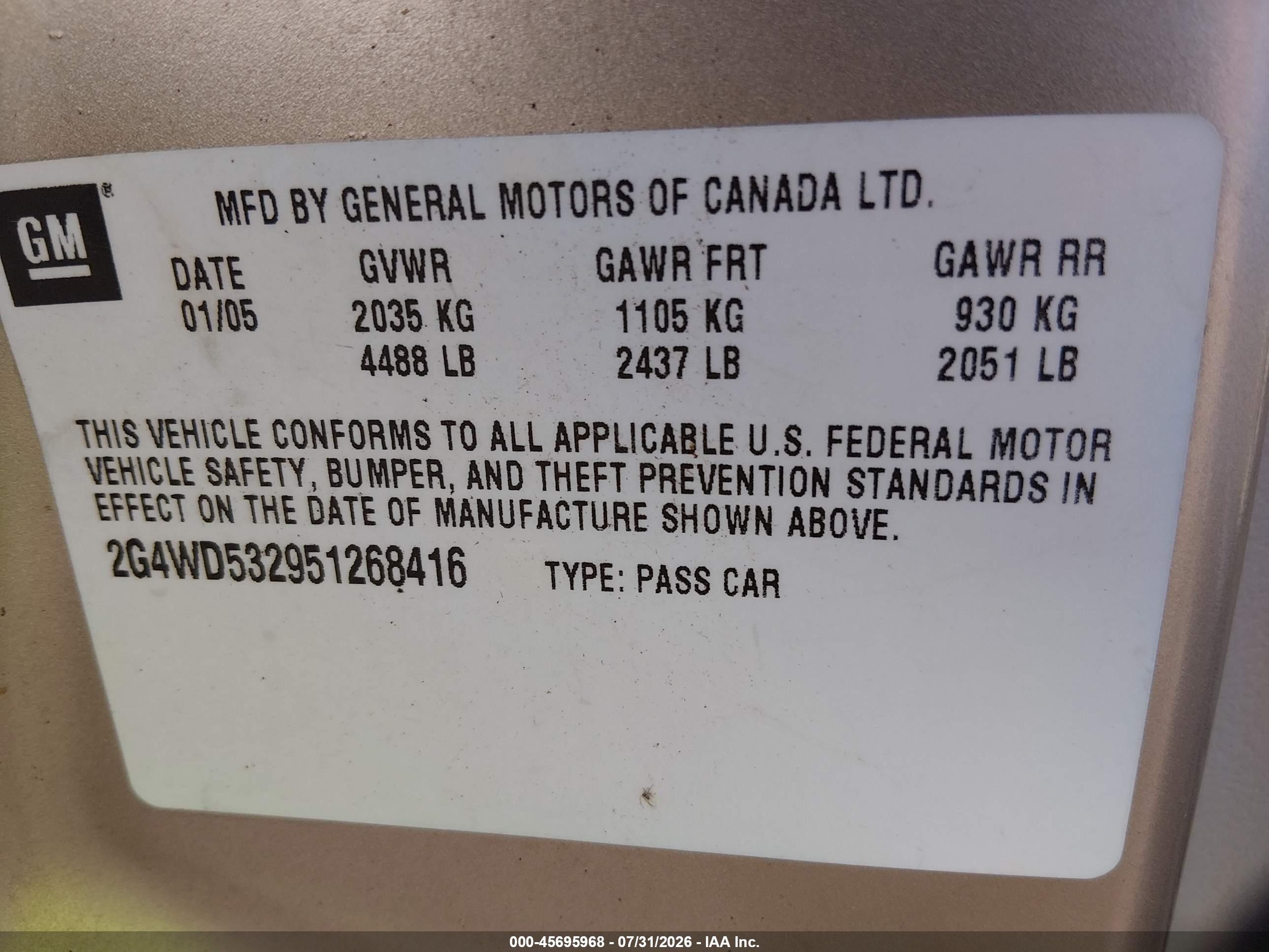 2005 Buick Lacrosse Cxl Champagne vin: 2G4WD532951268416