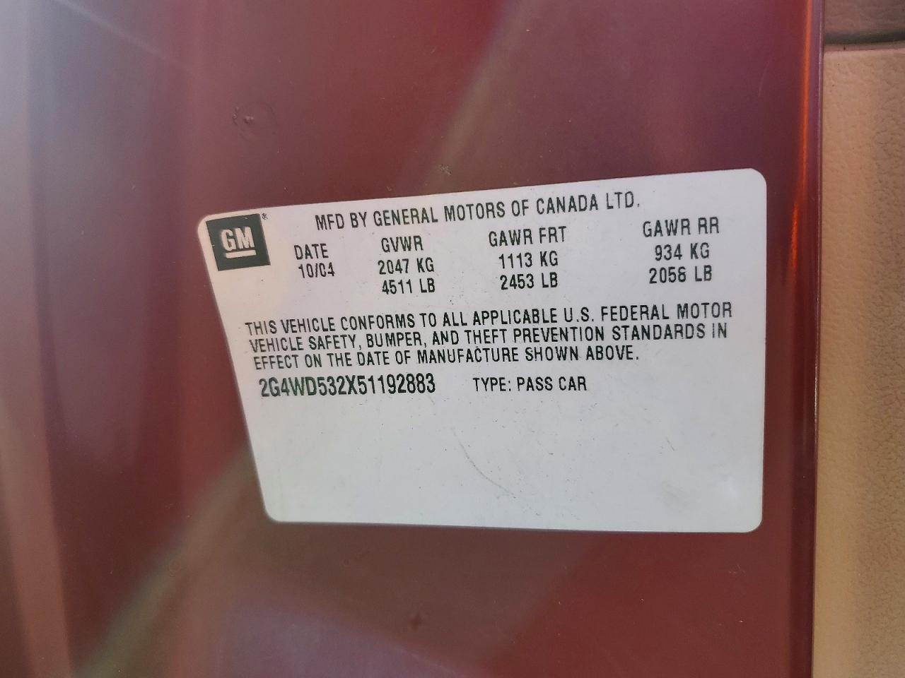 2005 Buick Lacrosse Cxl Red vin: 2G4WD532X51192883