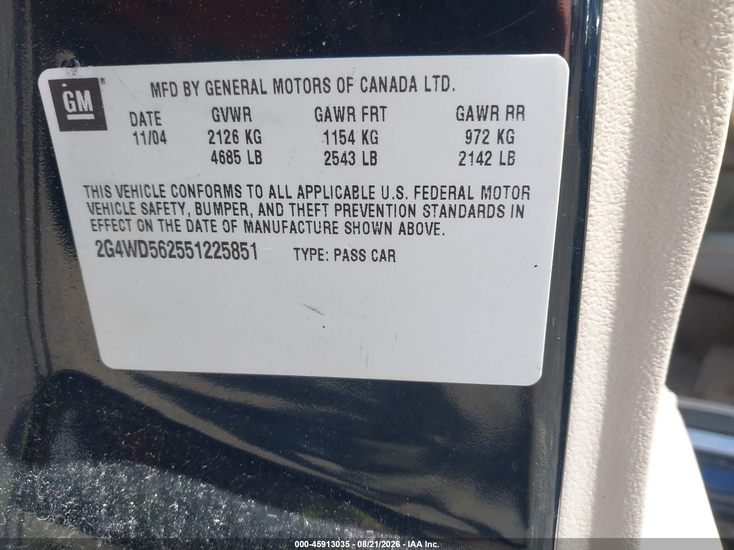 2005 Buick Lacrosse Cxl Black vin: 2G4WD562551225851