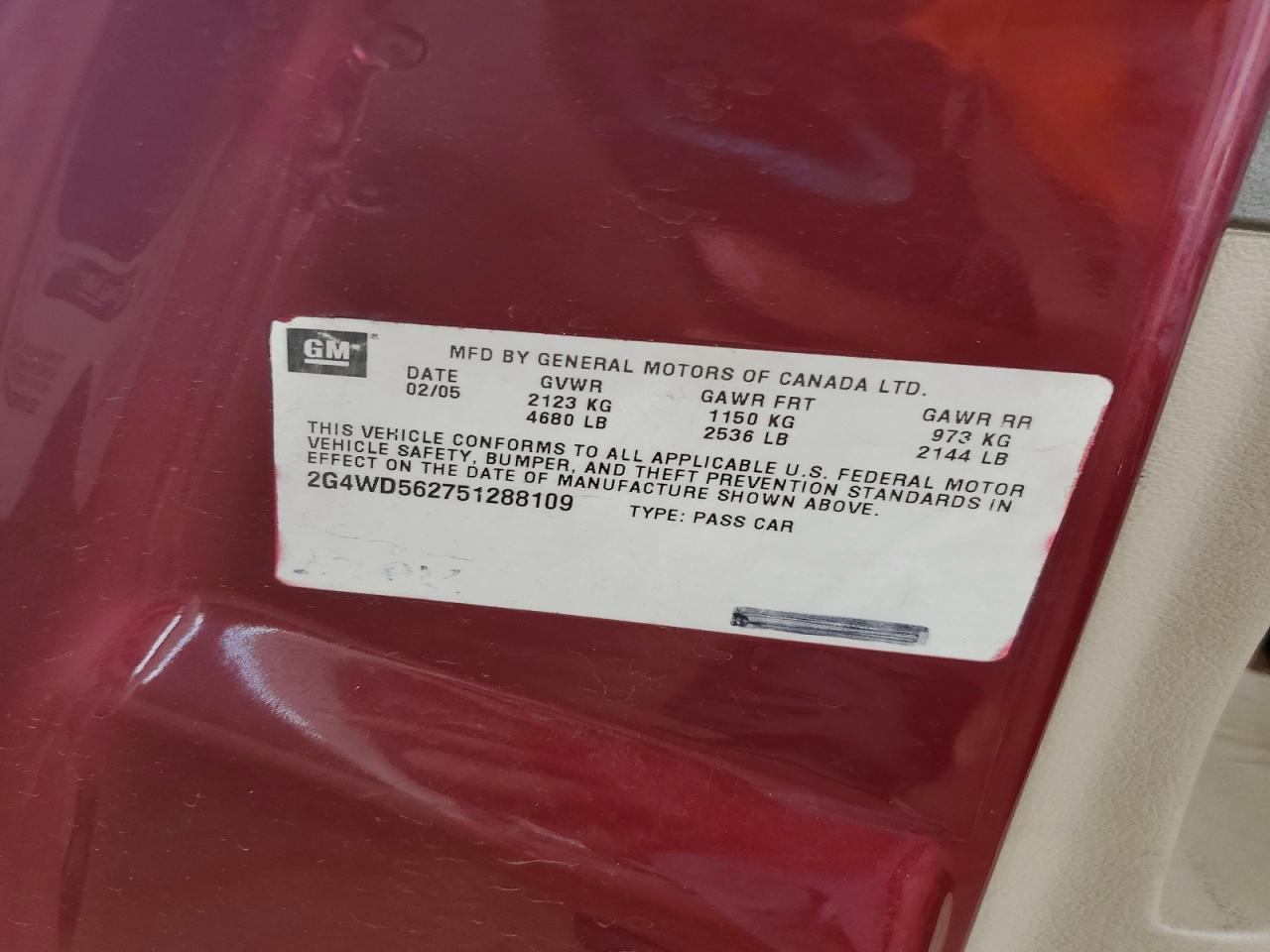 2005 Buick Lacrosse Cxl Red vin: 2G4WD562751288109