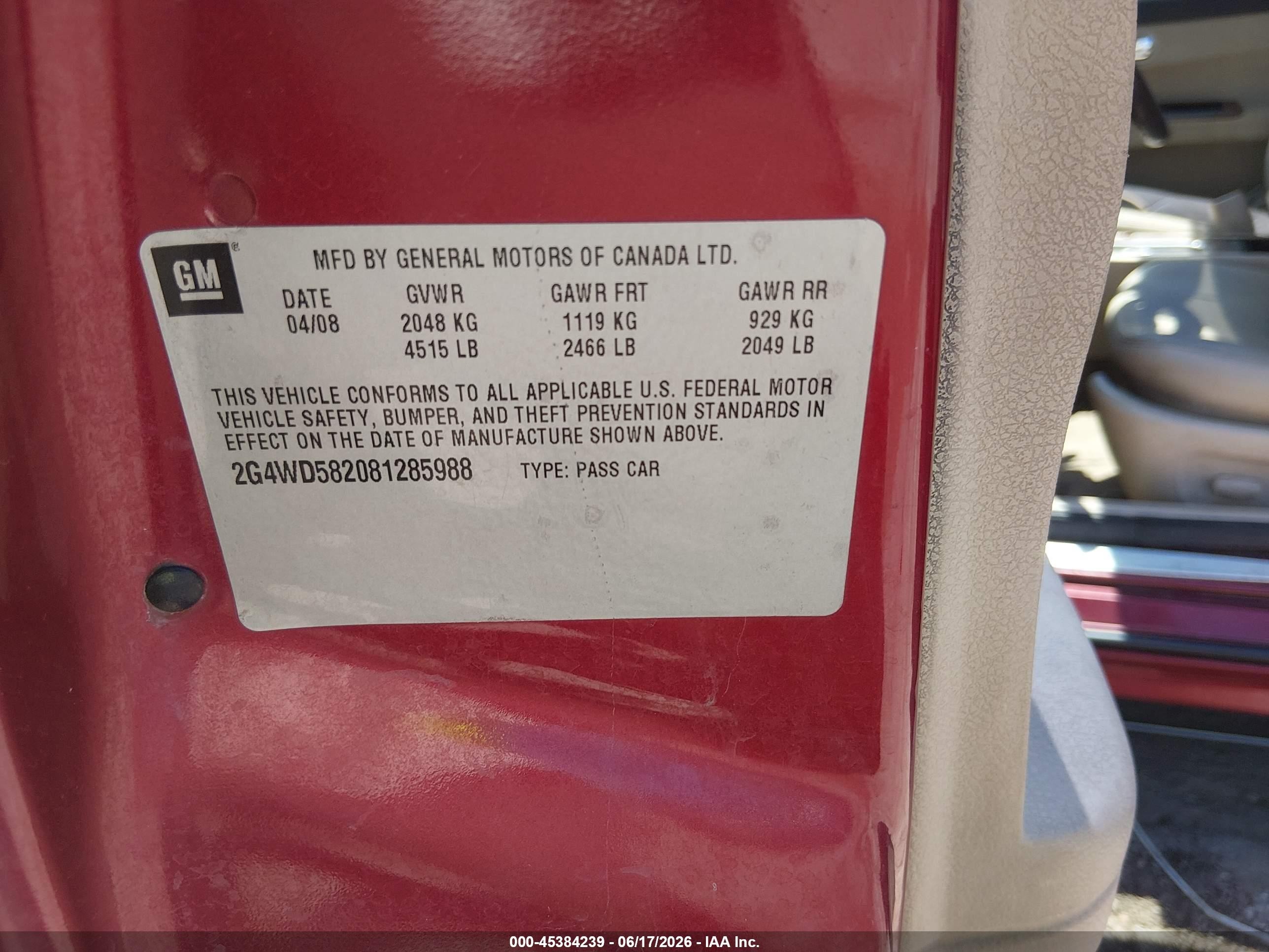 2008 Buick Lacrosse Cxl Red vin: 2G4WD582081285988