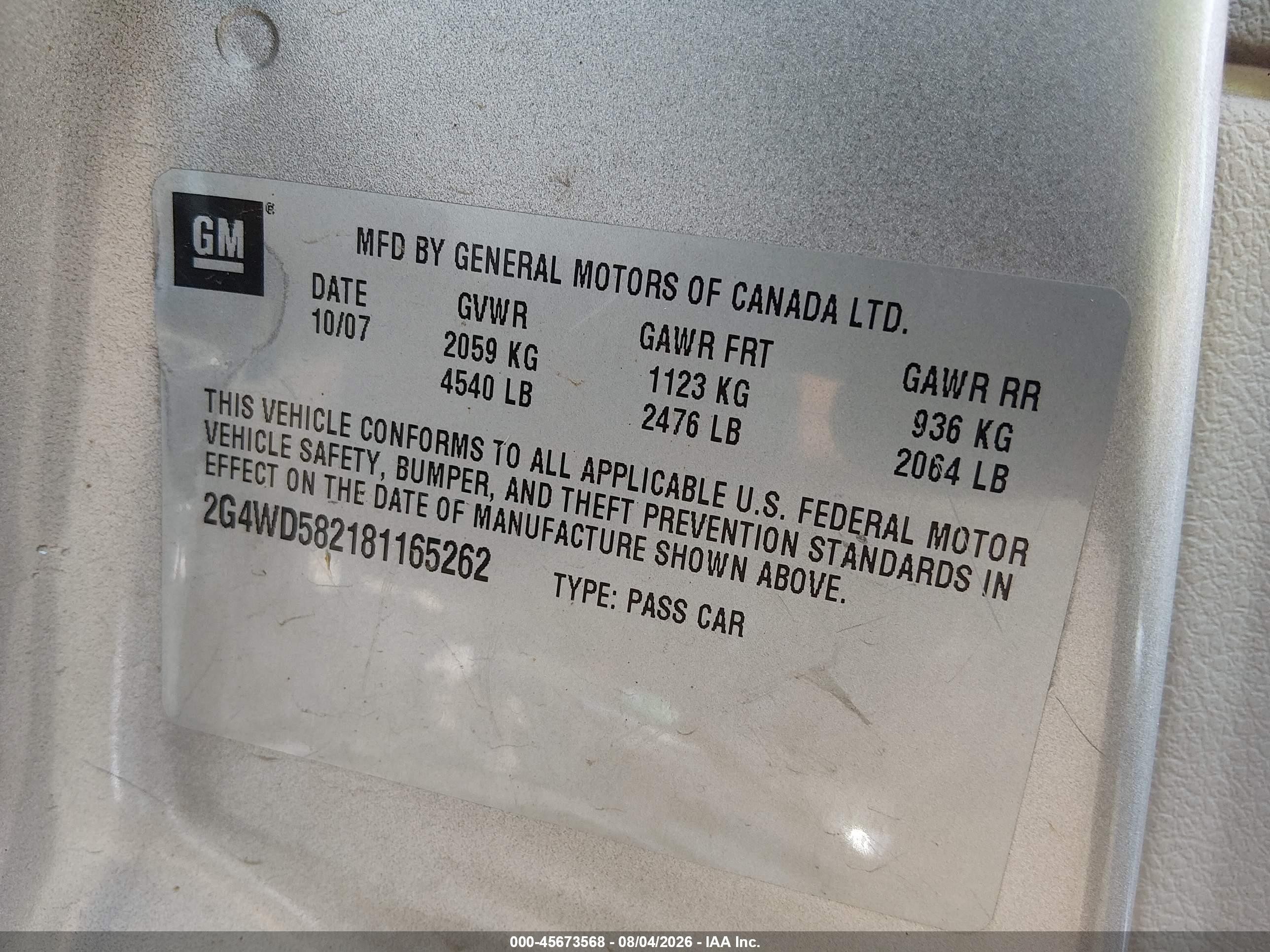 2008 Buick Lacrosse Cxl Champagne vin: 2G4WD582181165262