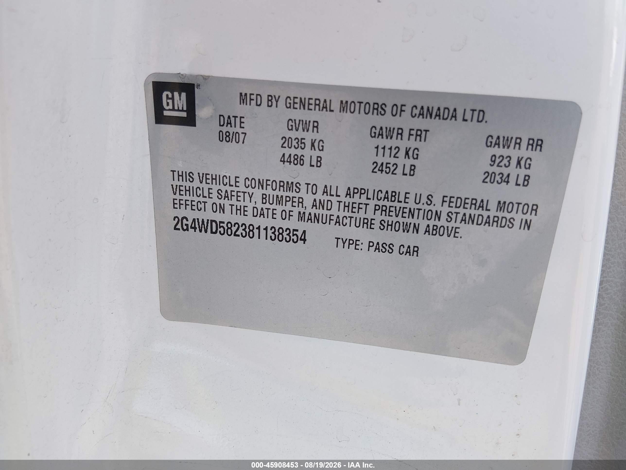 2008 Buick Lacrosse Cxl White vin: 2G4WD582381138354
