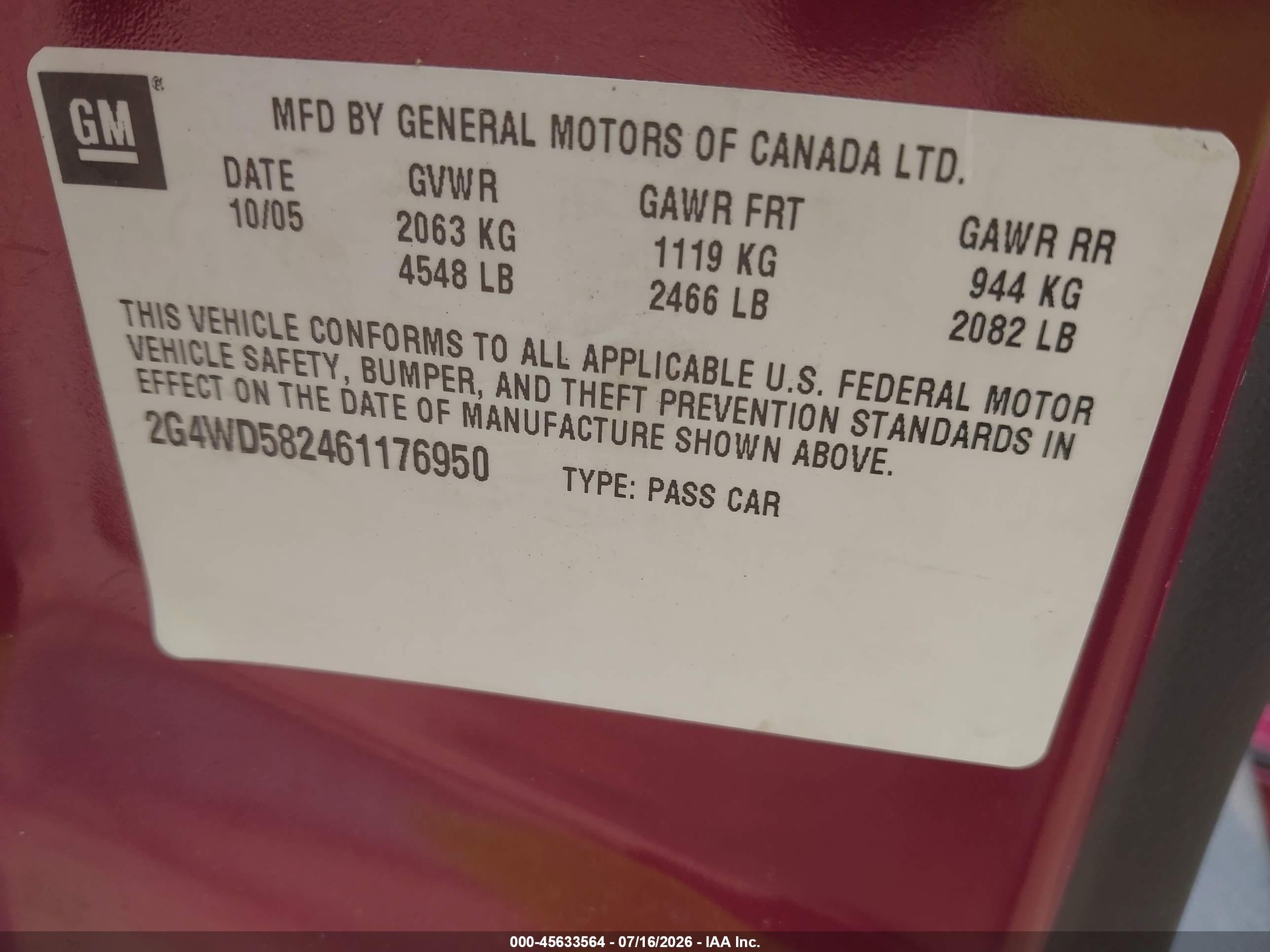 2006 Buick Lacrosse Cxl Burgundy vin: 2G4WD582461176950