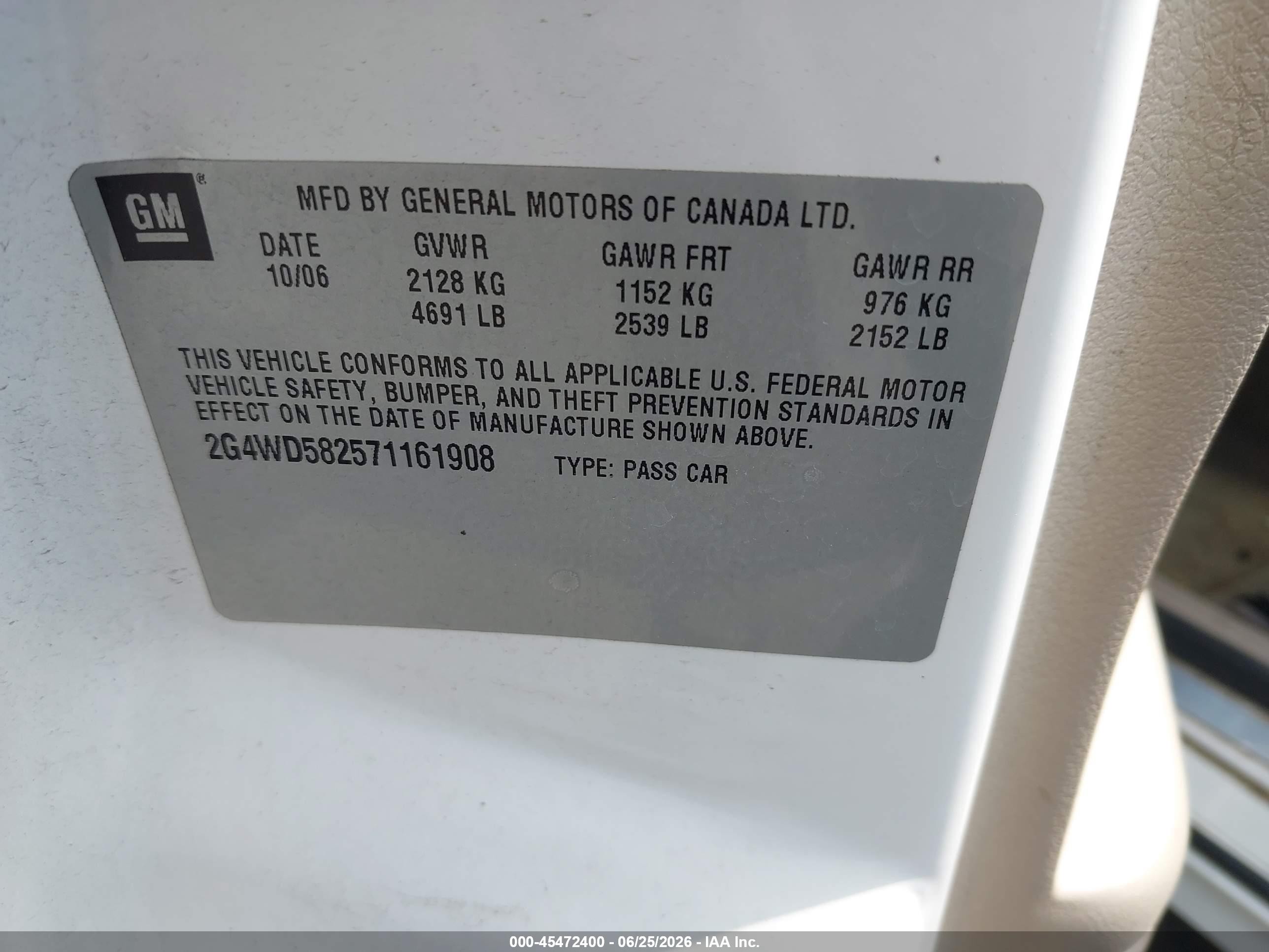 2007 Buick Lacrosse Cxl White vin: 2G4WD582571161908