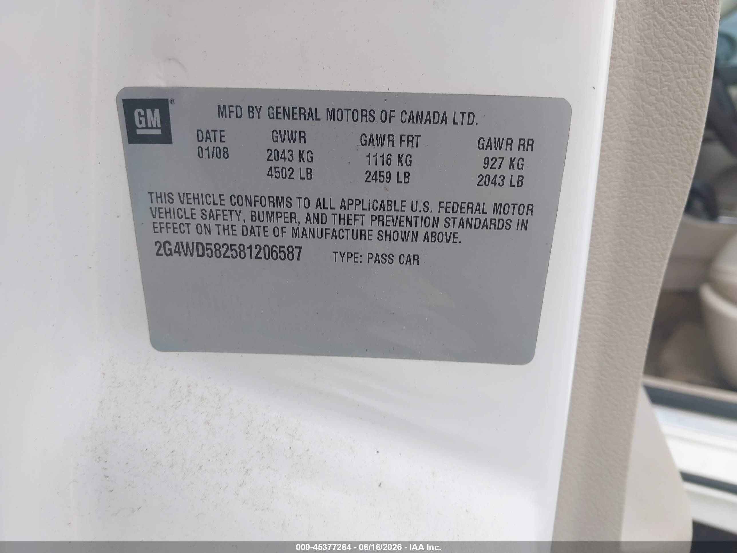 2008 Buick Lacrosse Cxl White vin: 2G4WD582581206587