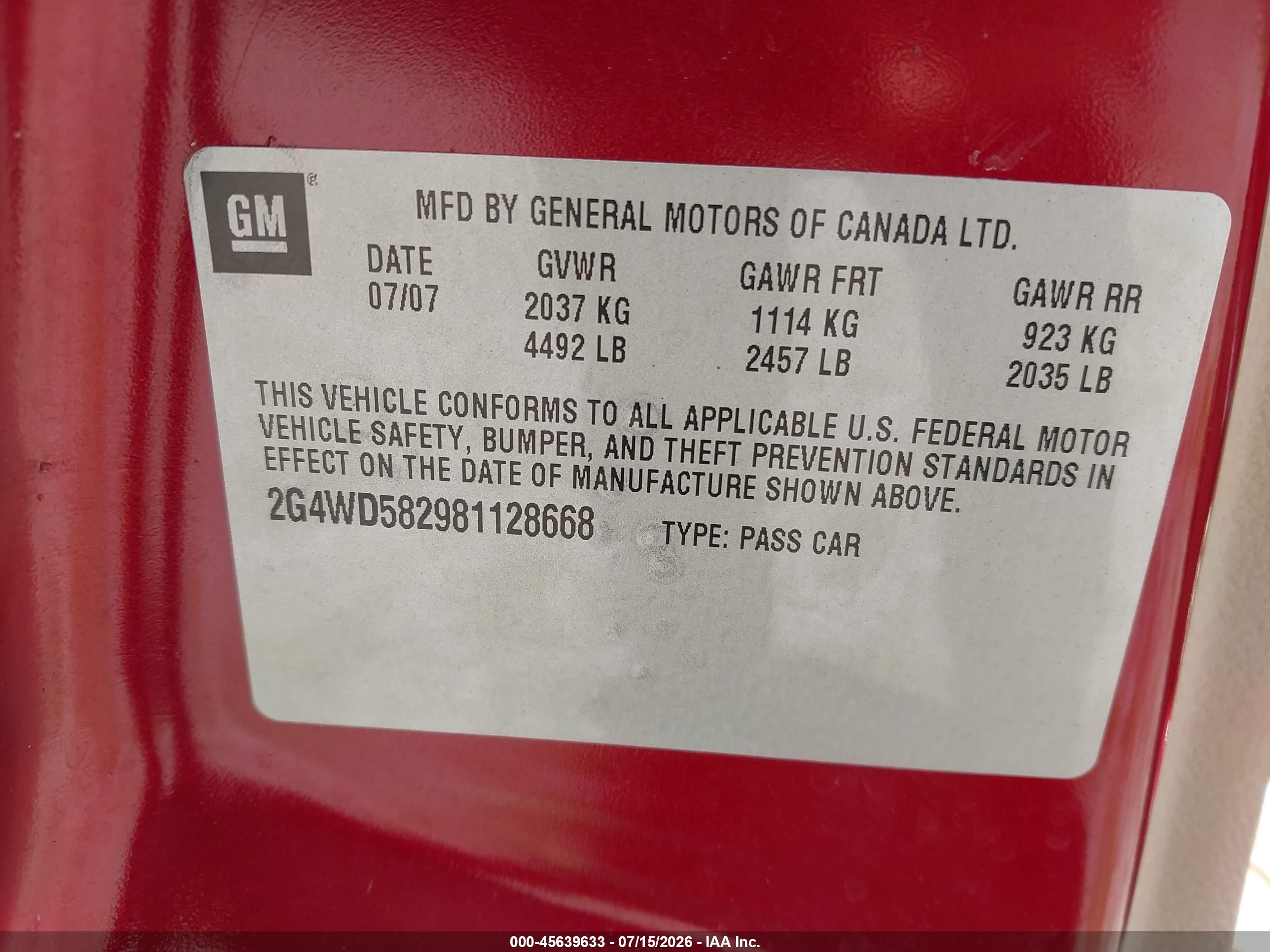 2008 Buick Lacrosse Cxl Red vin: 2G4WD582981128668