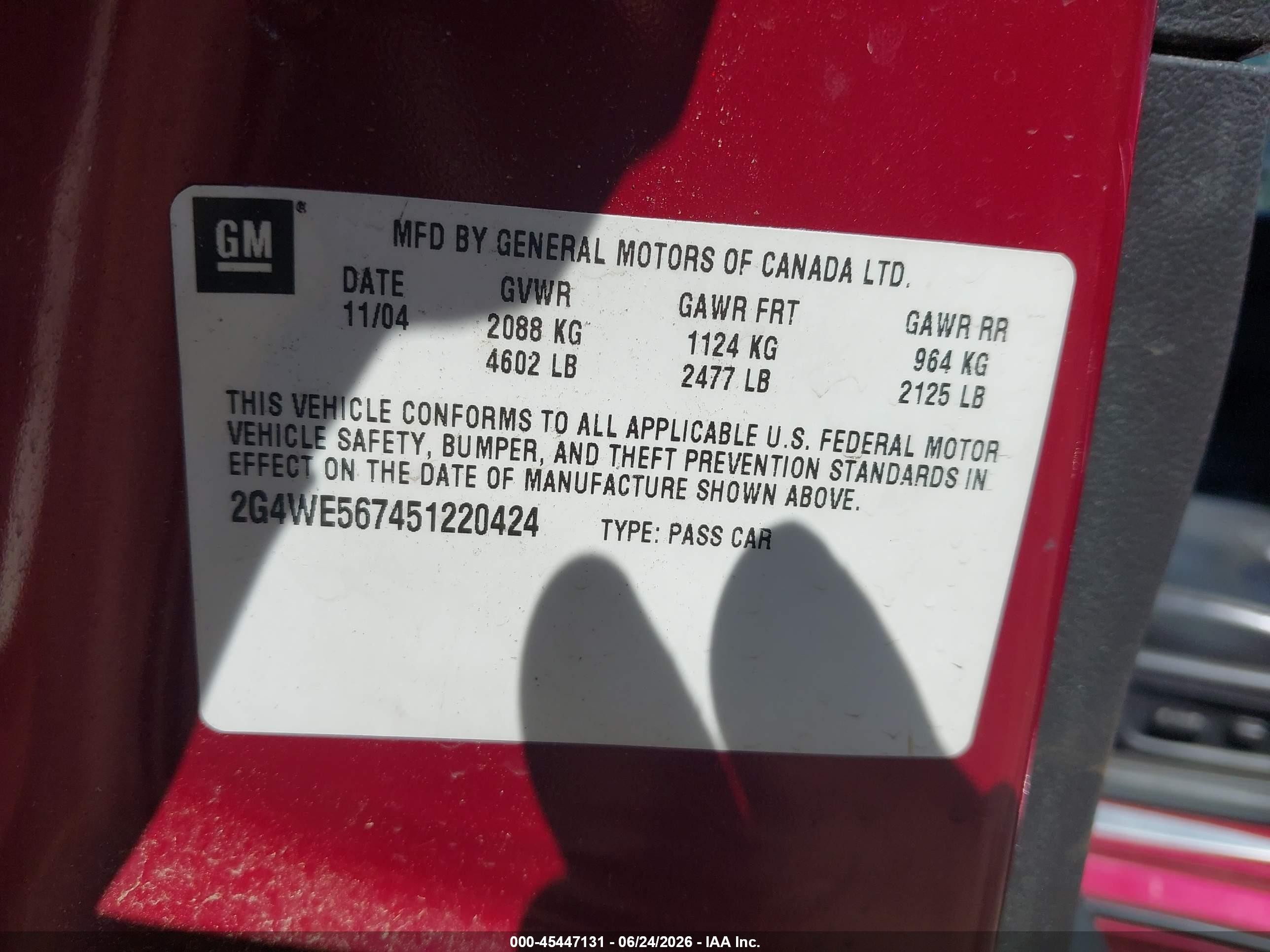 2005 Buick Lacrosse Cxs Red vin: 2G4WE567451220424