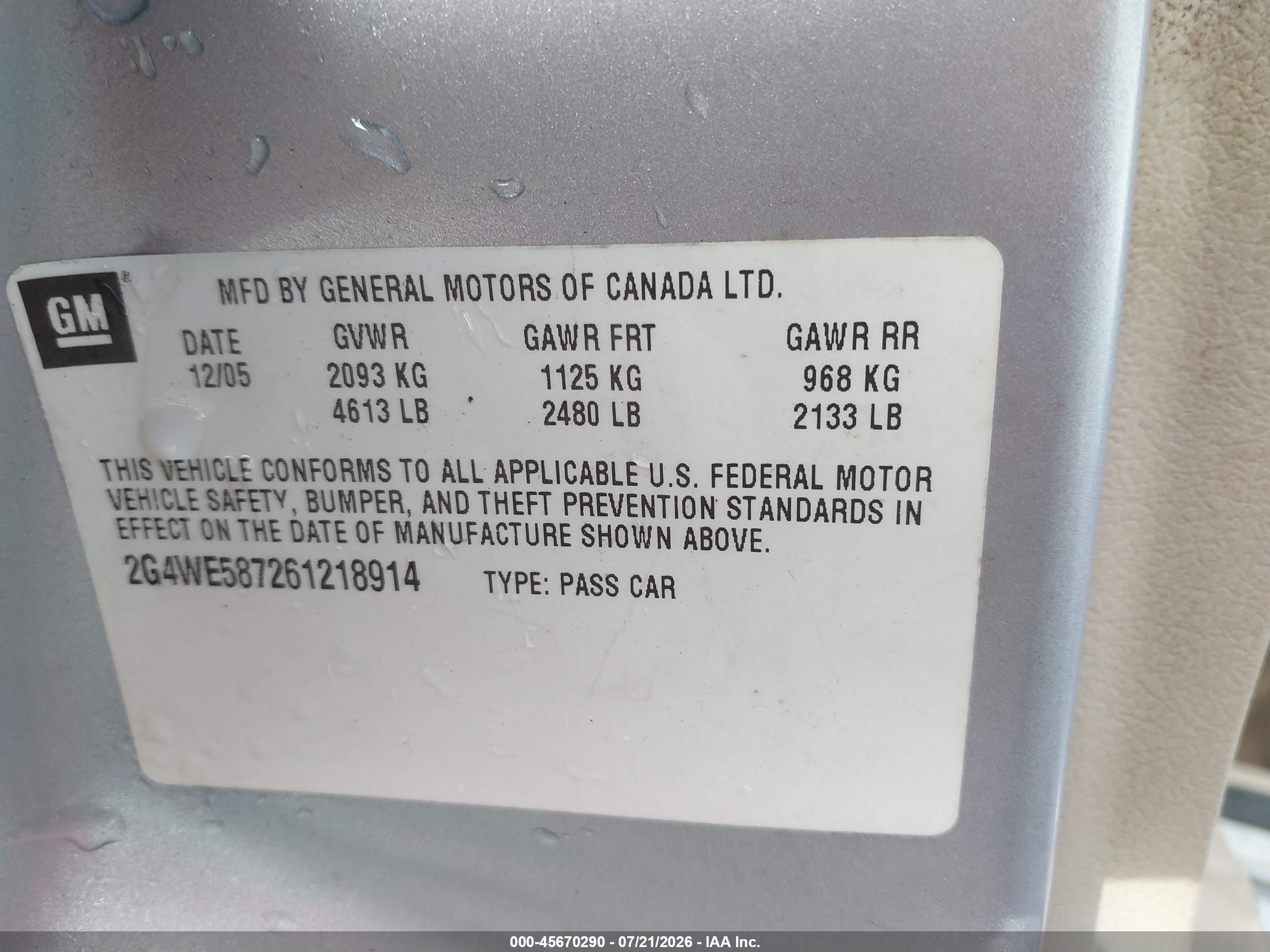 2006 Buick Lacrosse Cxs Light Blue vin: 2G4WE587261218914