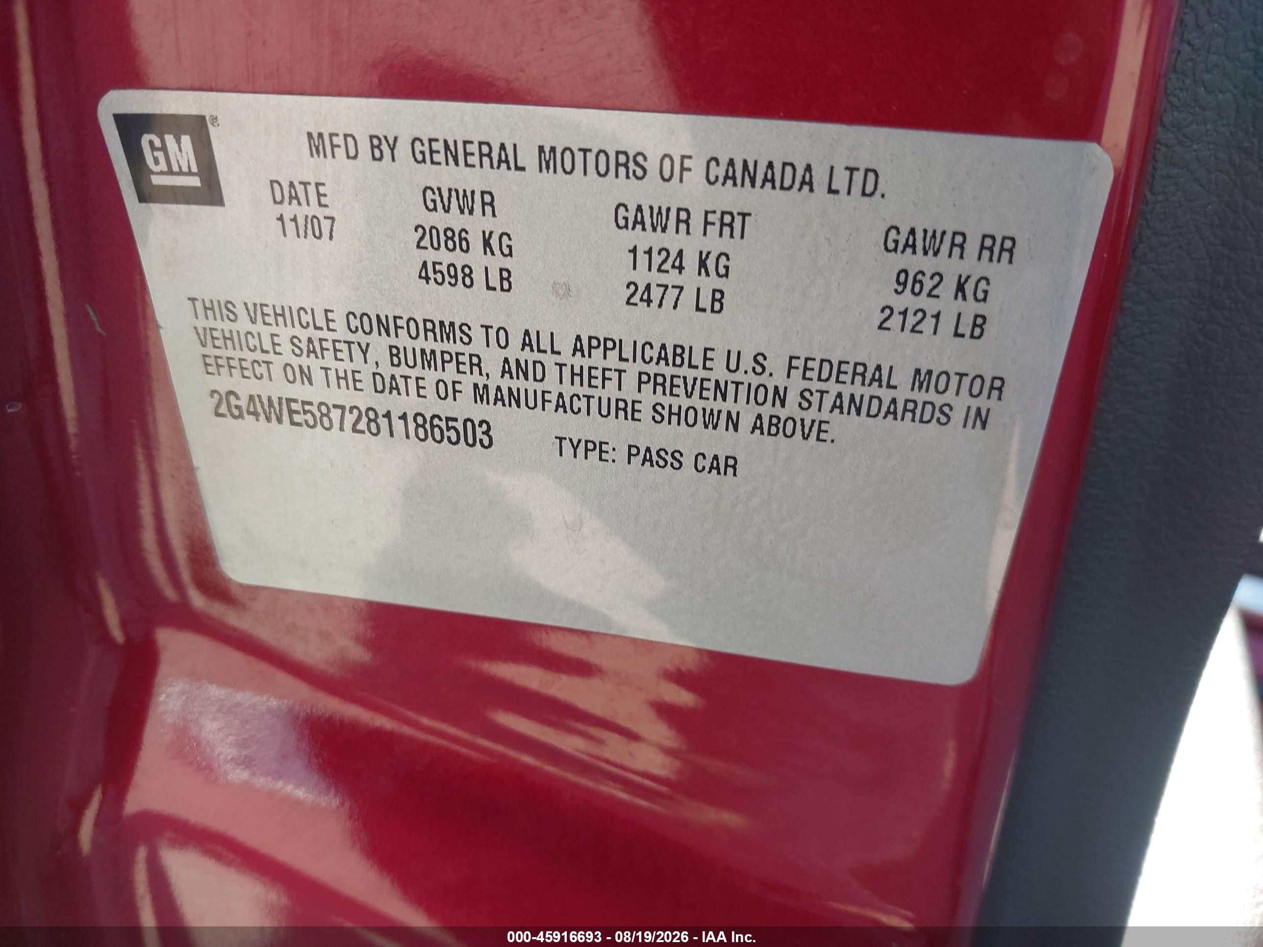 2008 Buick Lacrosse Cxs Maroon vin: 2G4WE587281186503