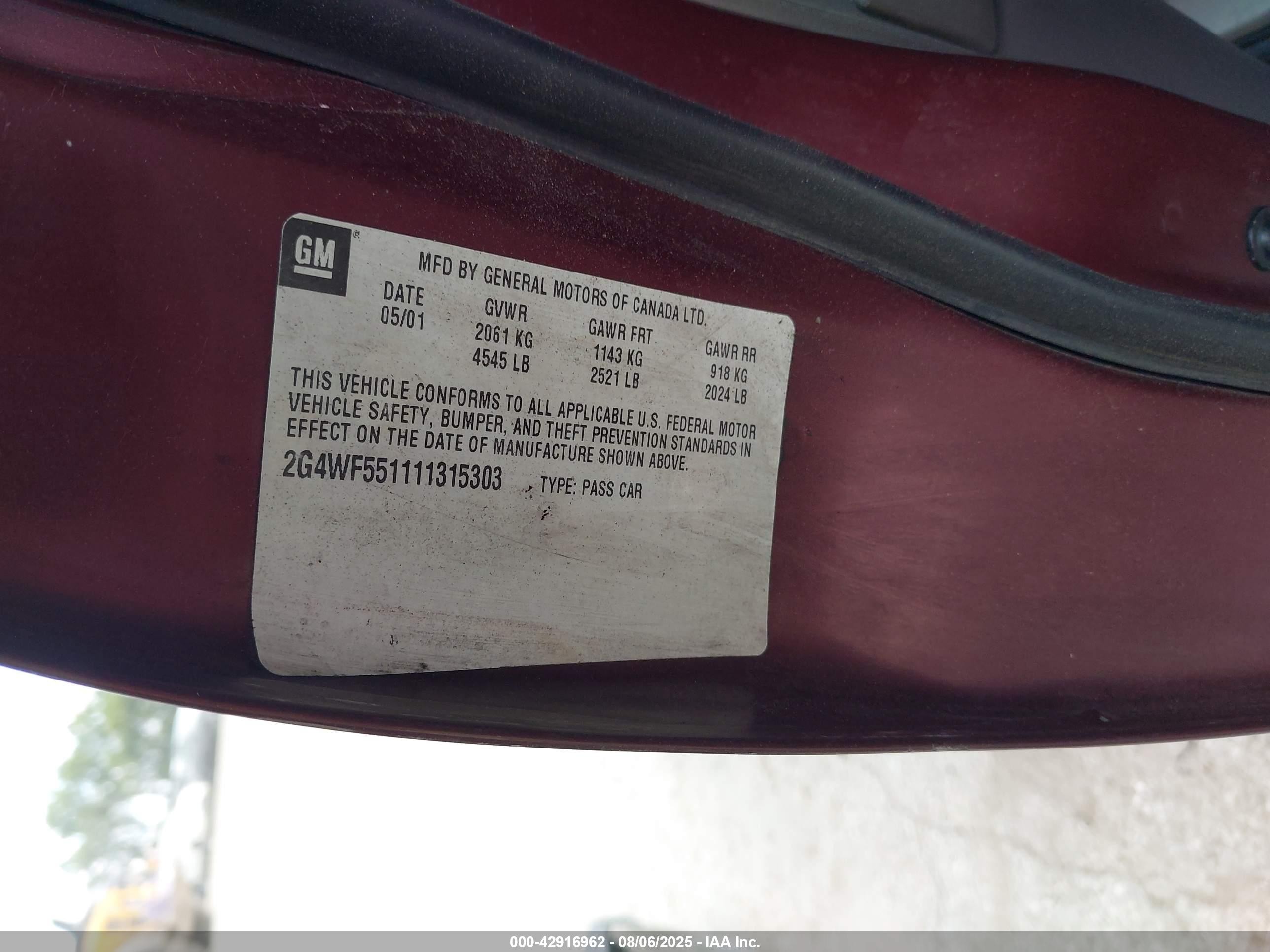 2001 Buick Regal Gs Темно-бордовый vin: 2G4WF551111315303