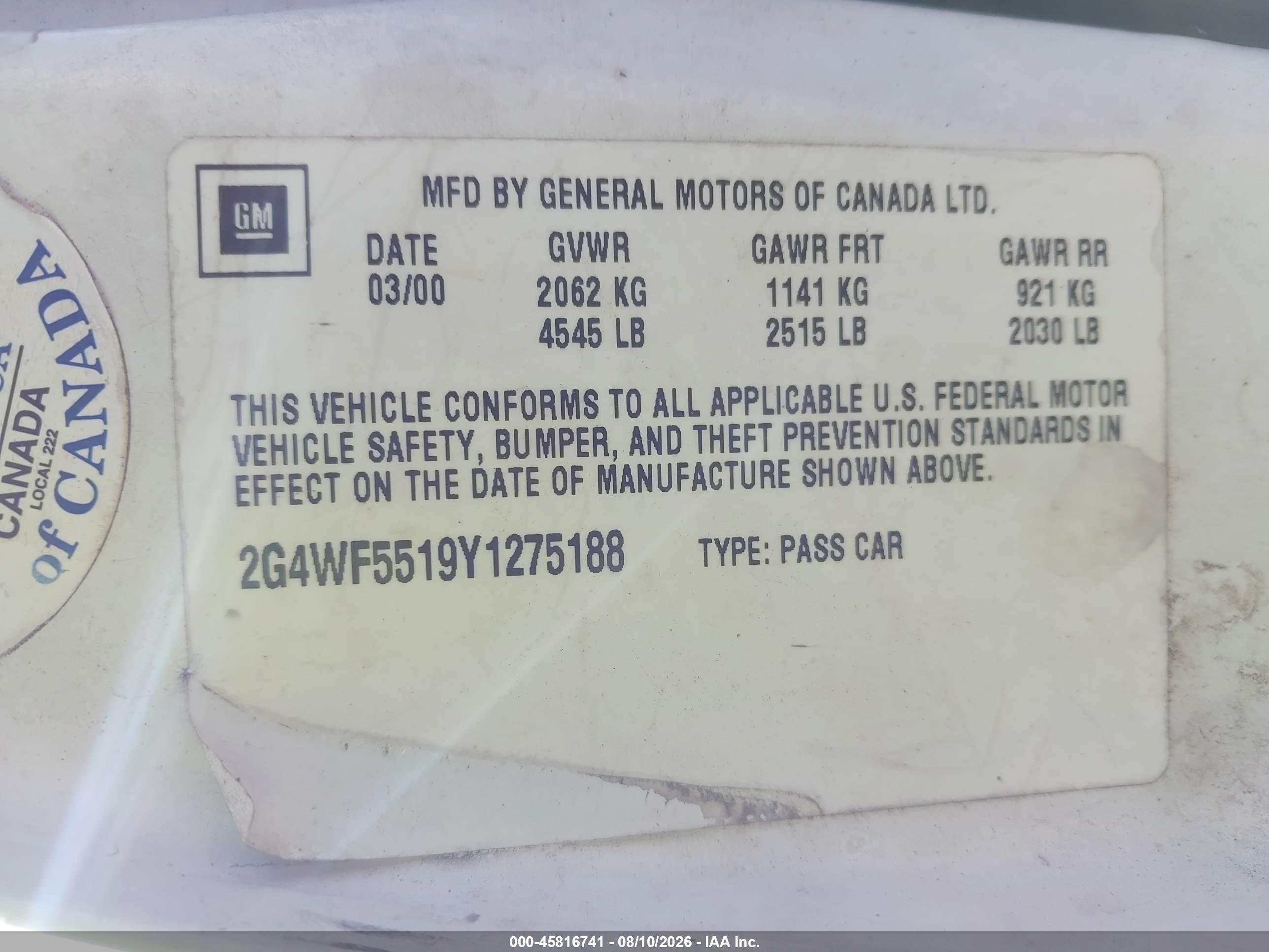 2000 Buick Regal Gs White vin: 2G4WF5519Y1275188