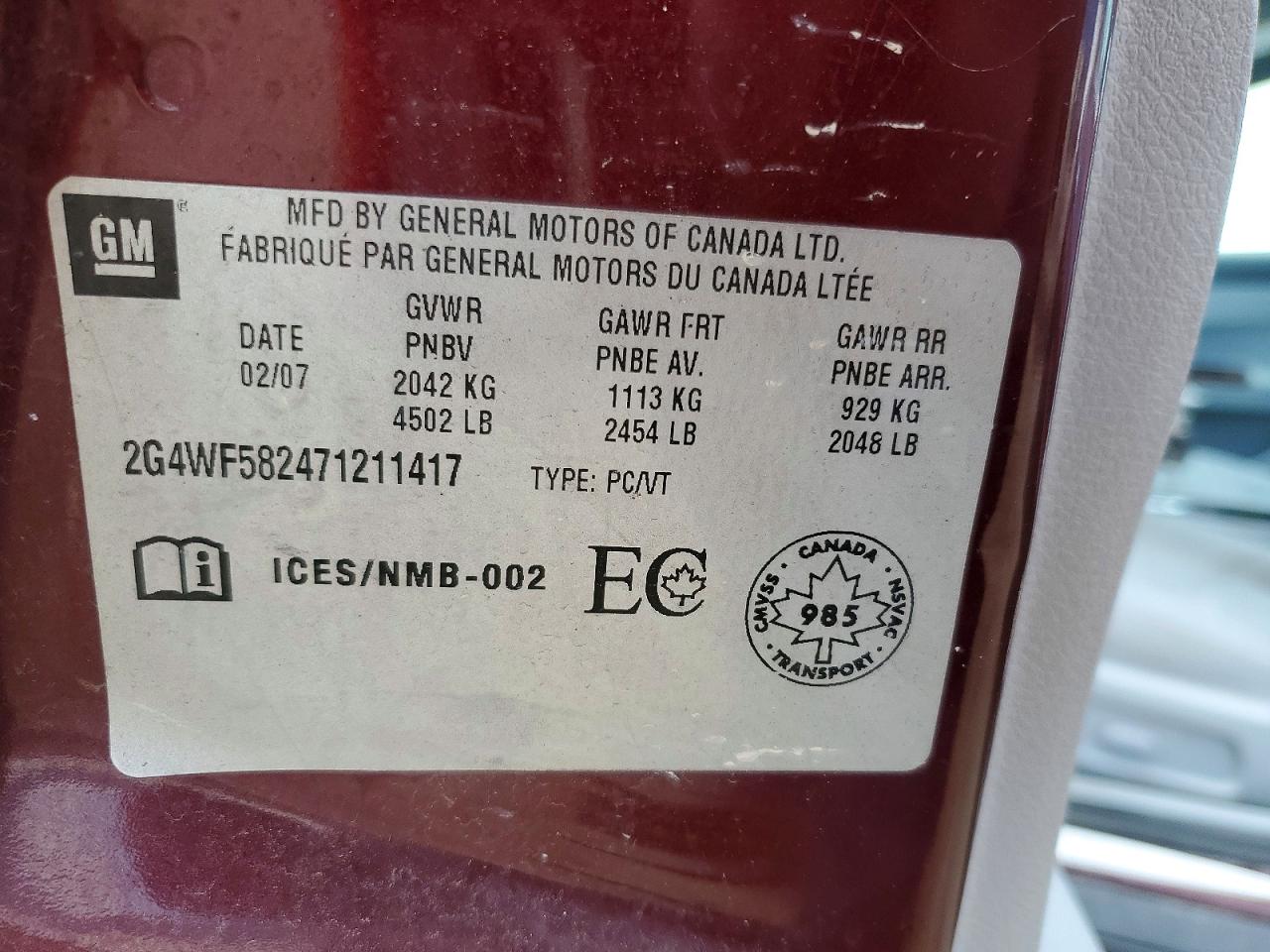 2007 Buick Allure Cx Burgundy vin: 2G4WF582471211417