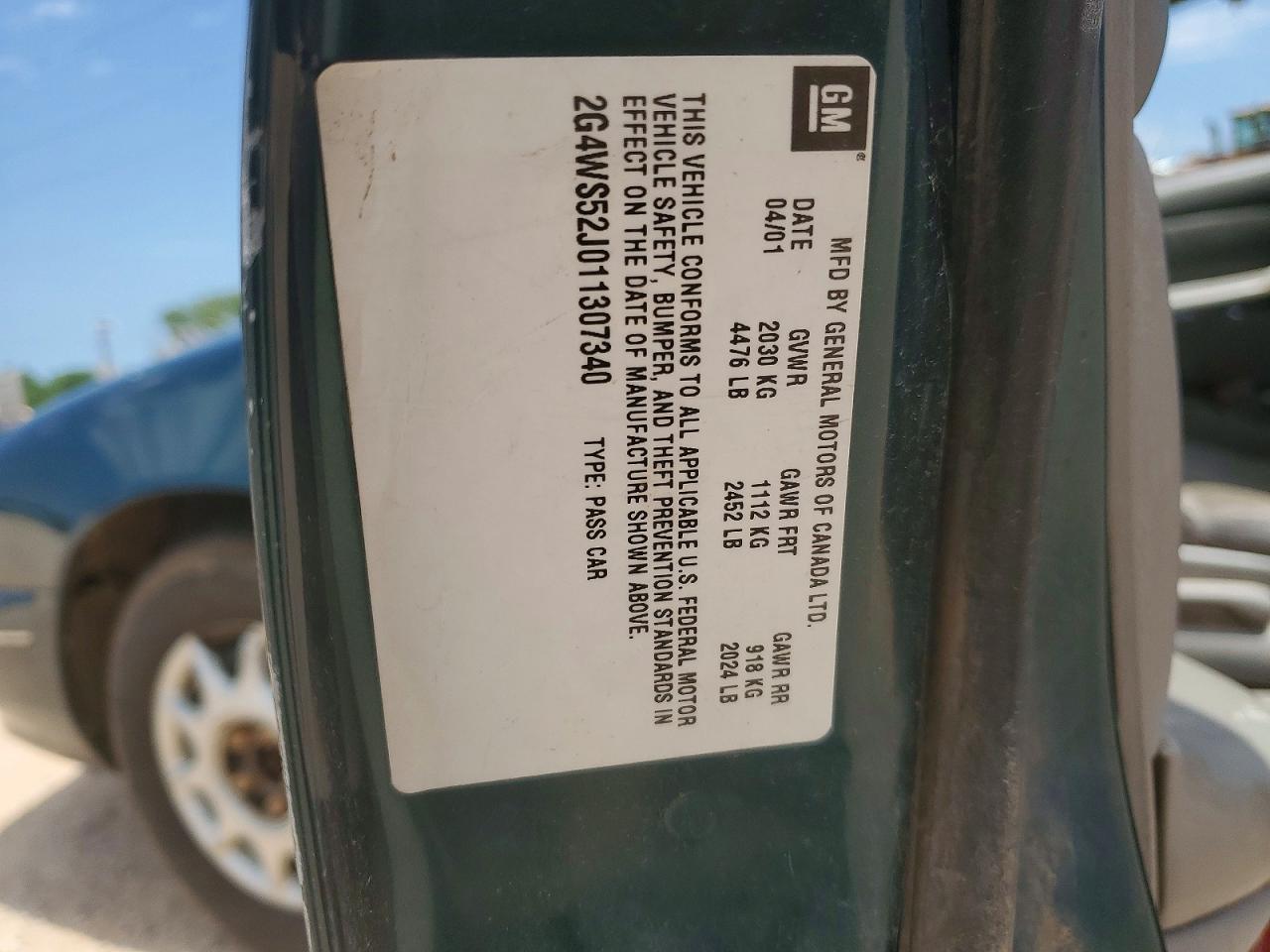 2001 Buick Century Custom Green vin: 2G4WS52J011307340