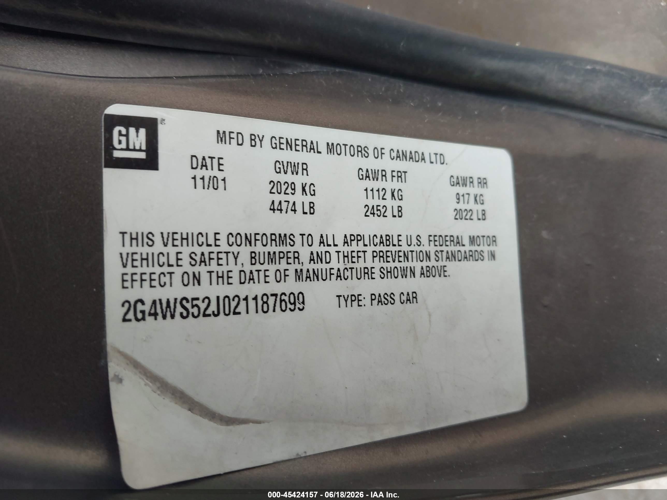 2002 Buick Century Custom Brown vin: 2G4WS52J021187699
