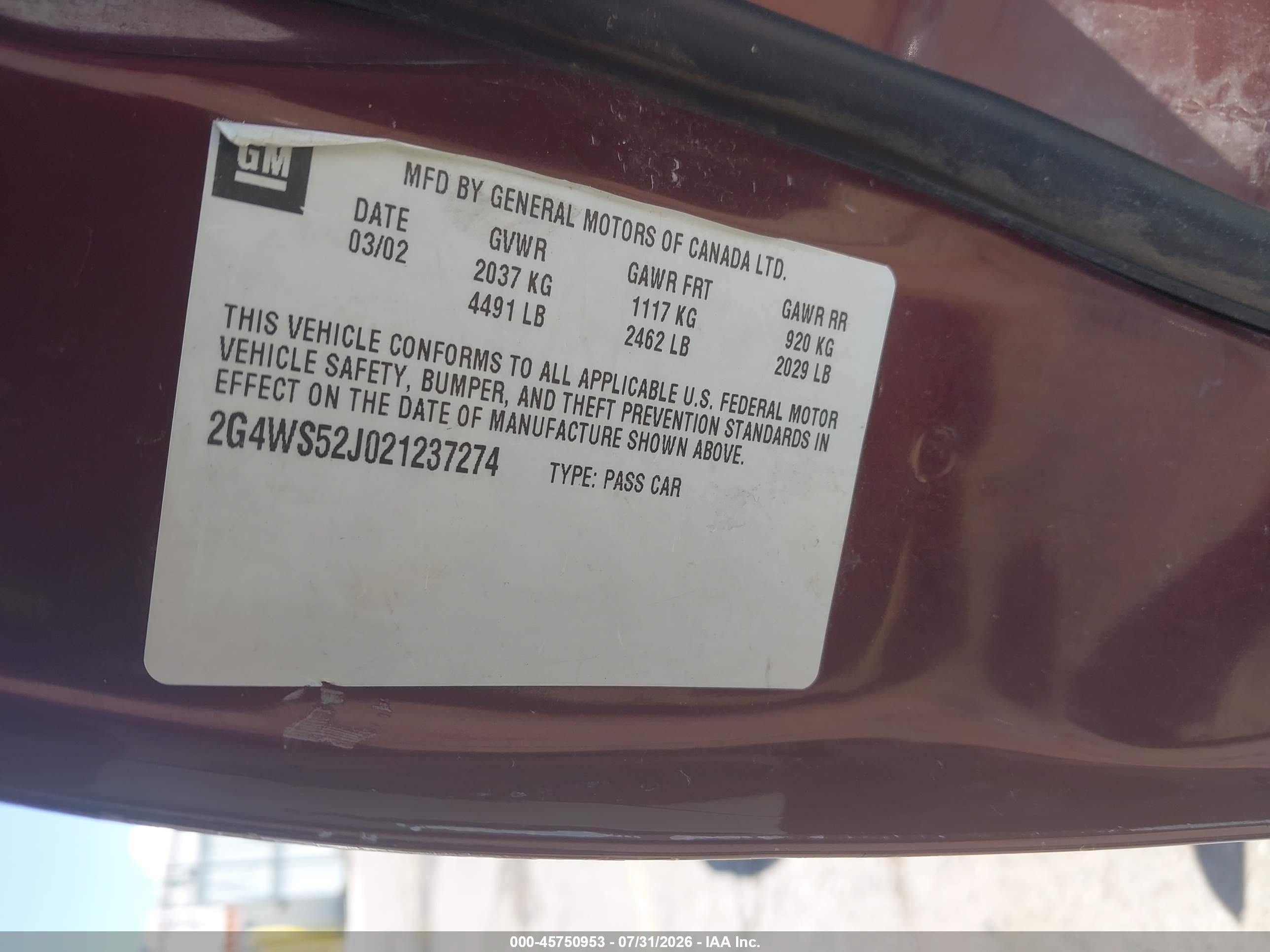 2002 Buick Century Custom Maroon vin: 2G4WS52J021237274