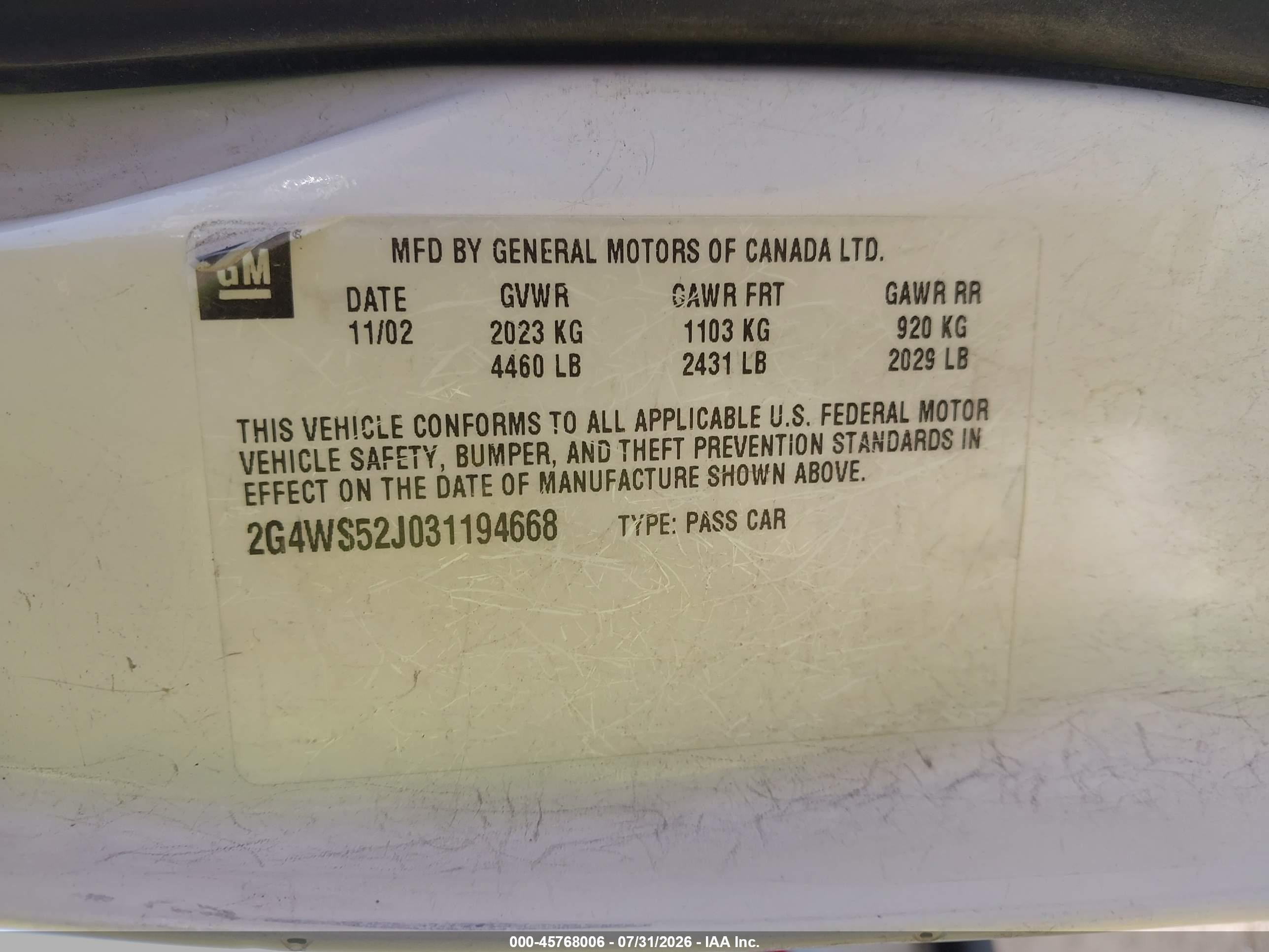 2003 Buick Century Custom White vin: 2G4WS52J031194668