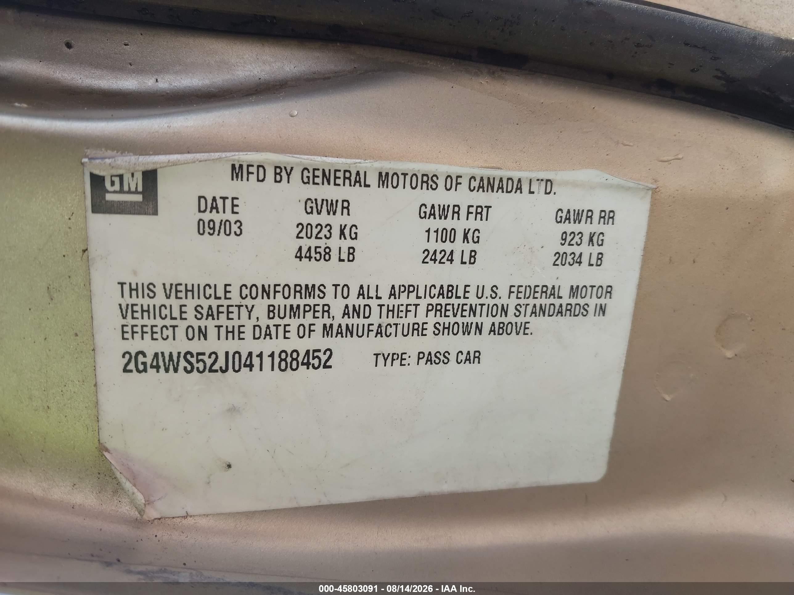 2004 Buick Century   Gold vin: 2G4WS52J041188452