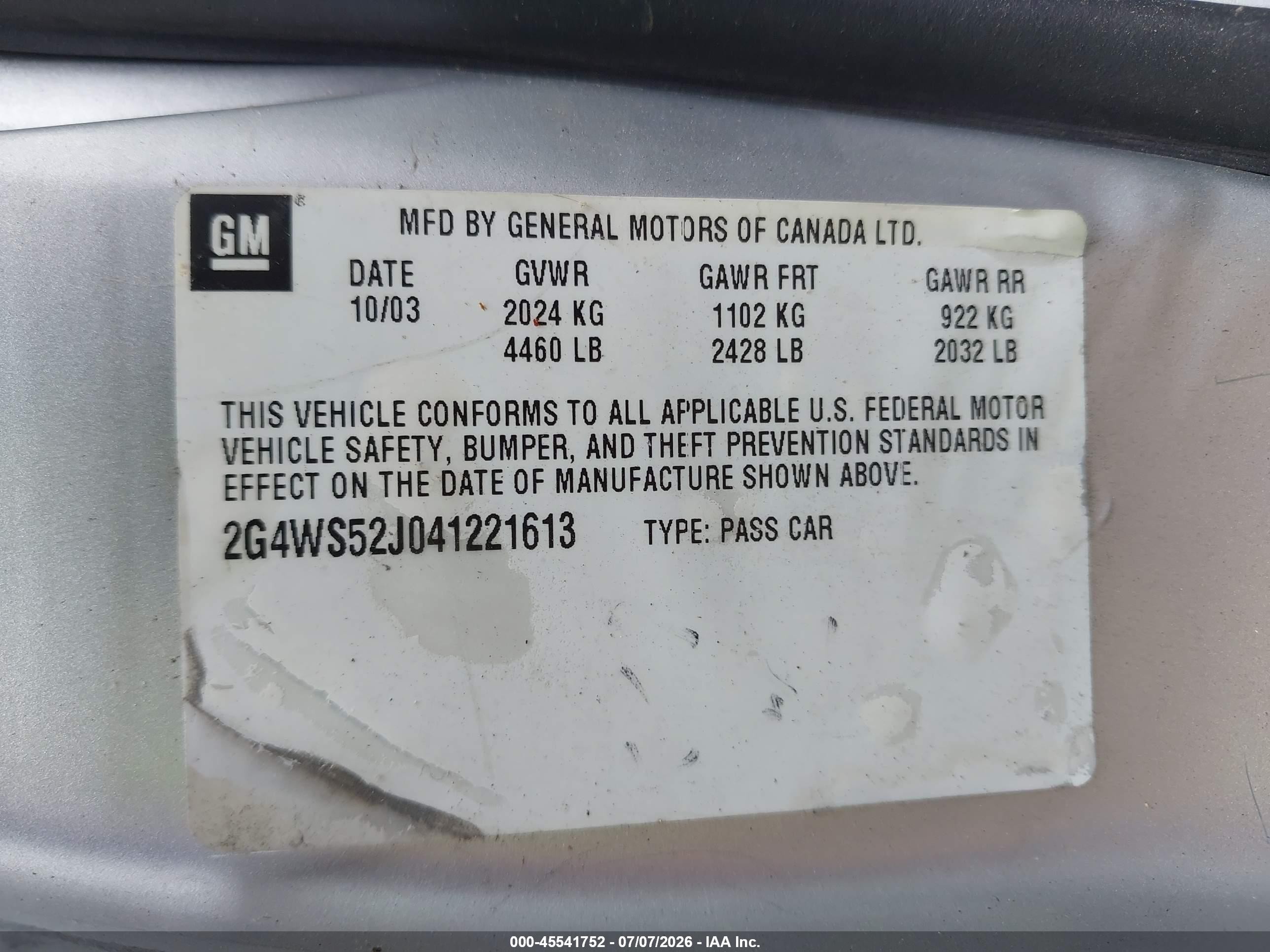 2004 Buick Century   Silver vin: 2G4WS52J041221613
