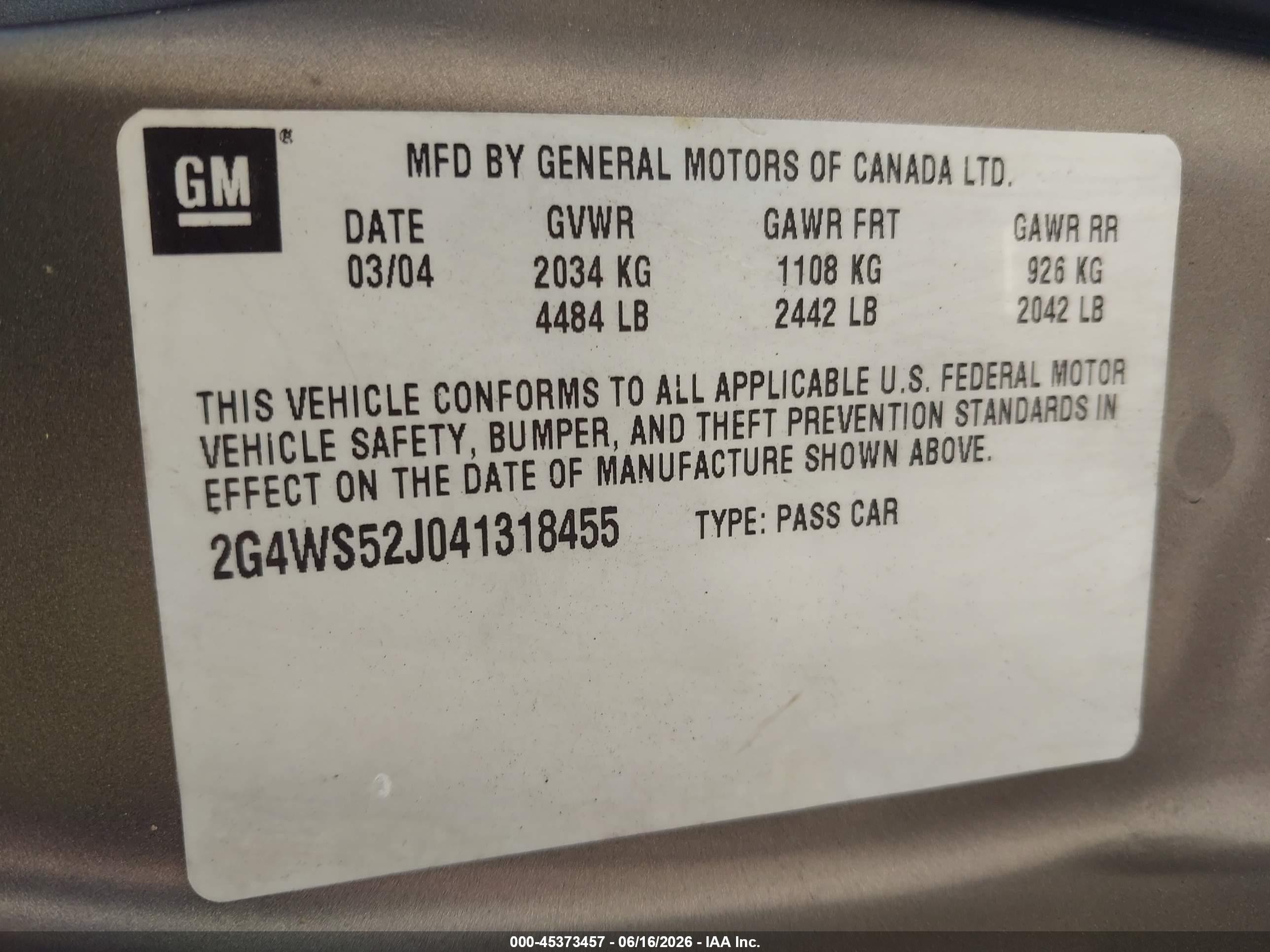 2004 Buick Century   Gold vin: 2G4WS52J041318455