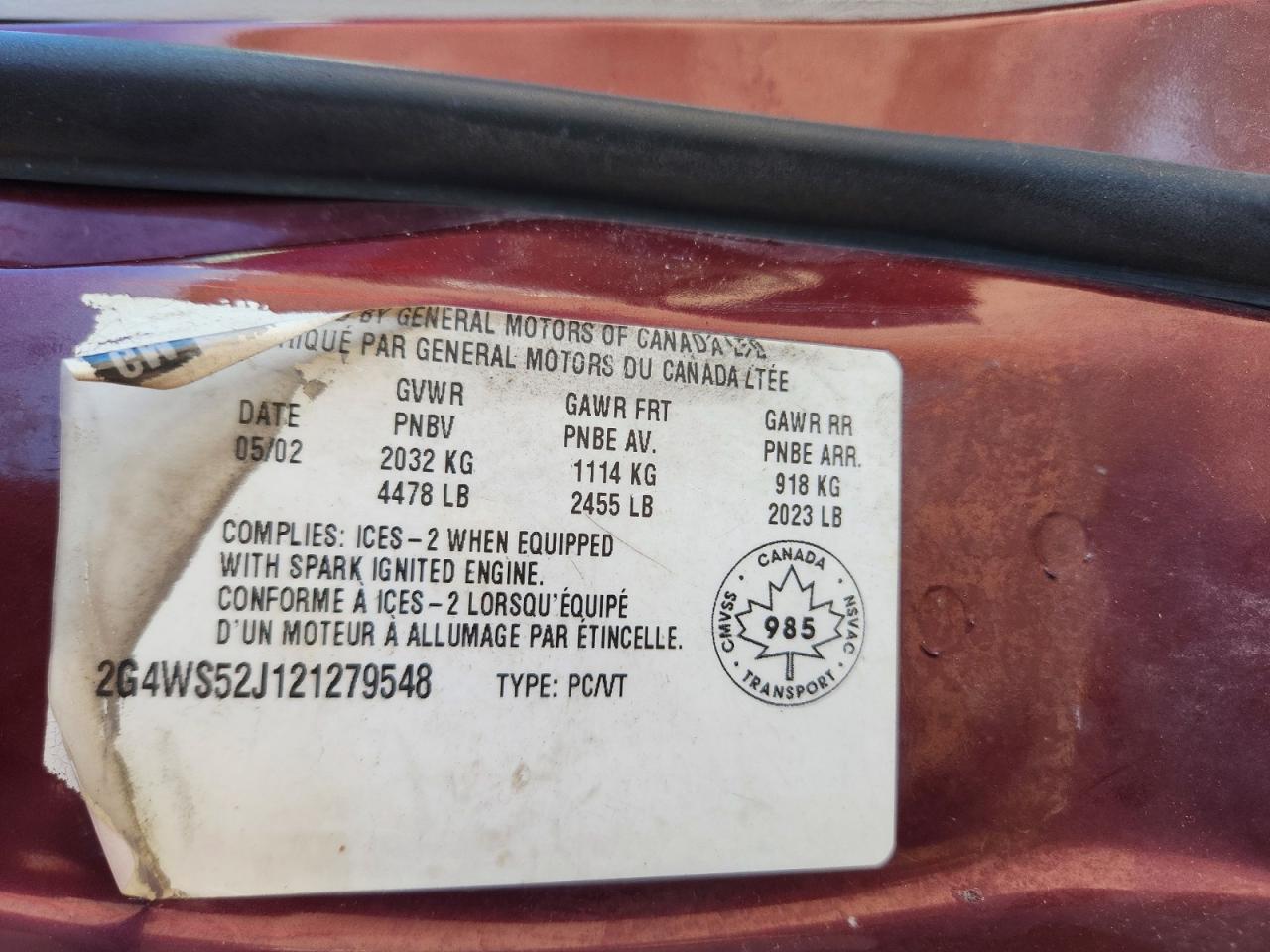 2002 Buick Century Custom Burgundy vin: 2G4WS52J121279548