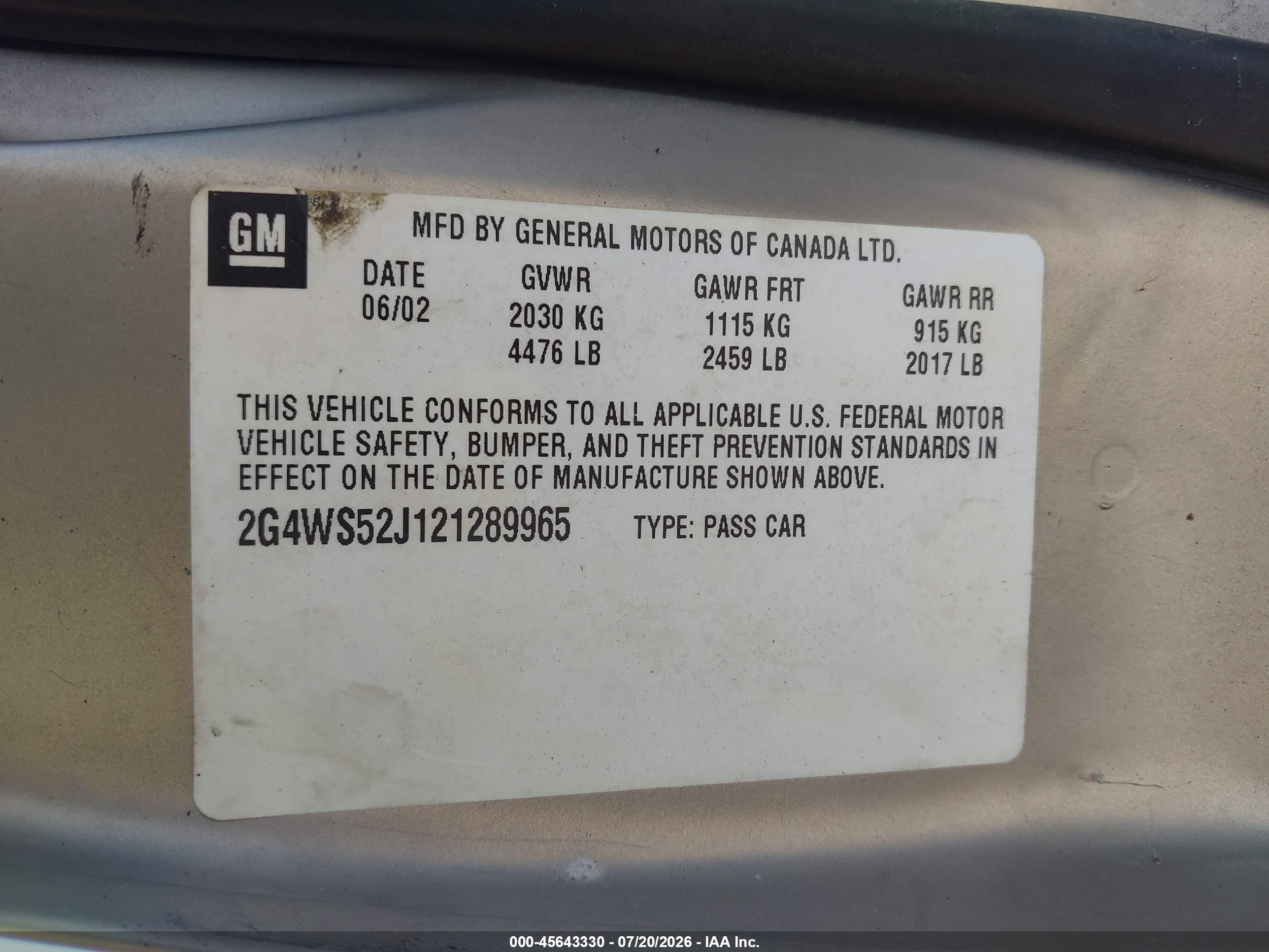 2002 Buick Century Custom Gray vin: 2G4WS52J121289965