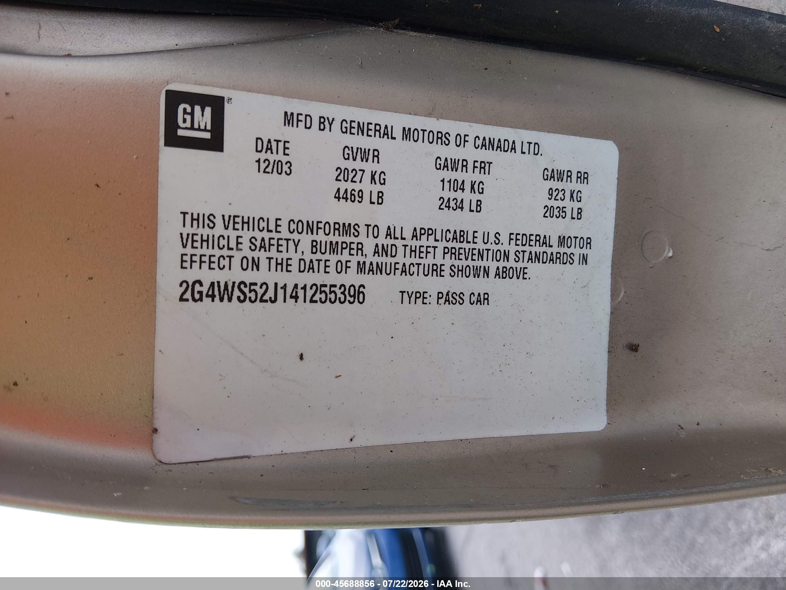 2004 Buick Century   Gold vin: 2G4WS52J141255396