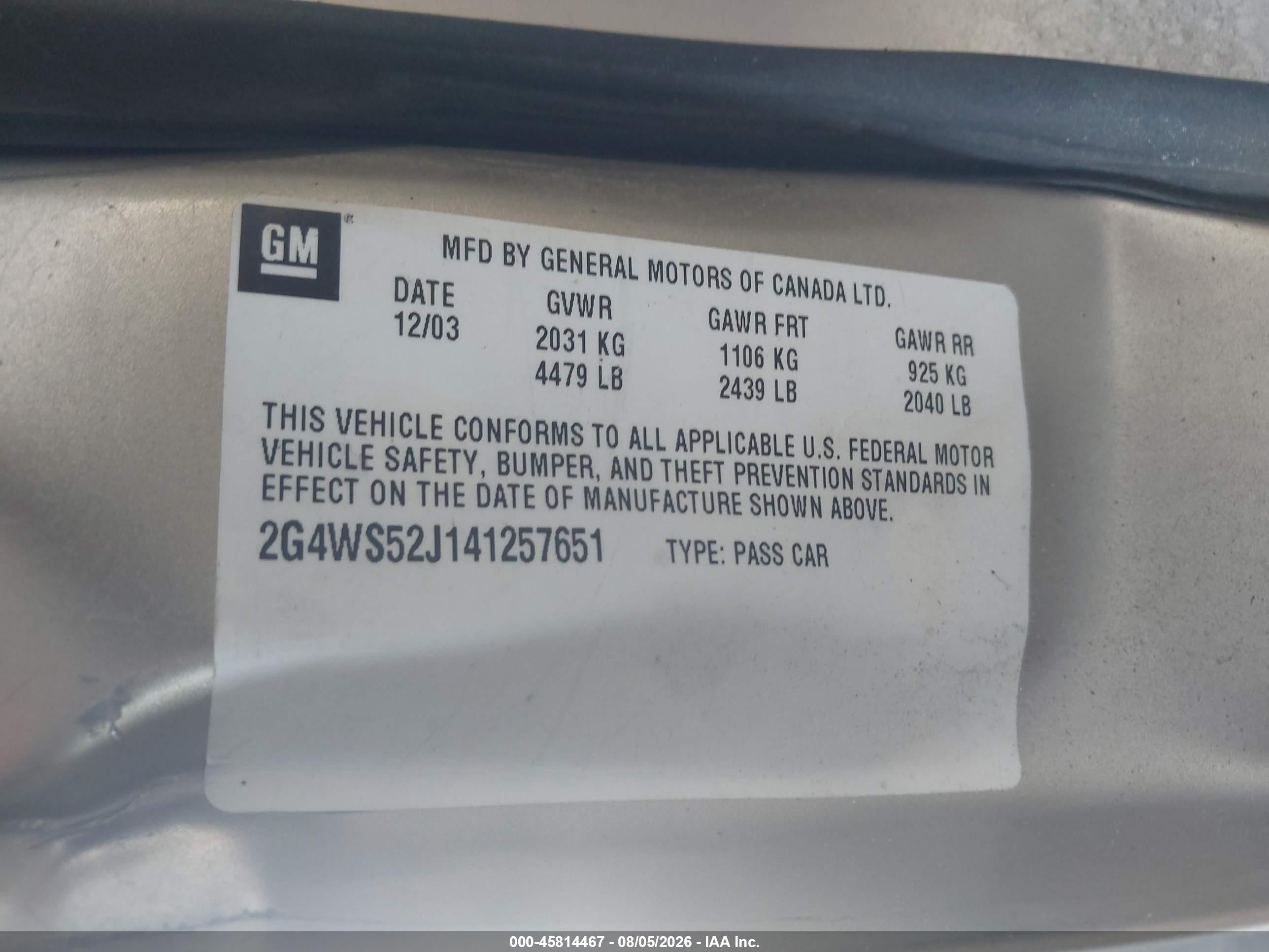 2004 Buick Century   Tan vin: 2G4WS52J141257651