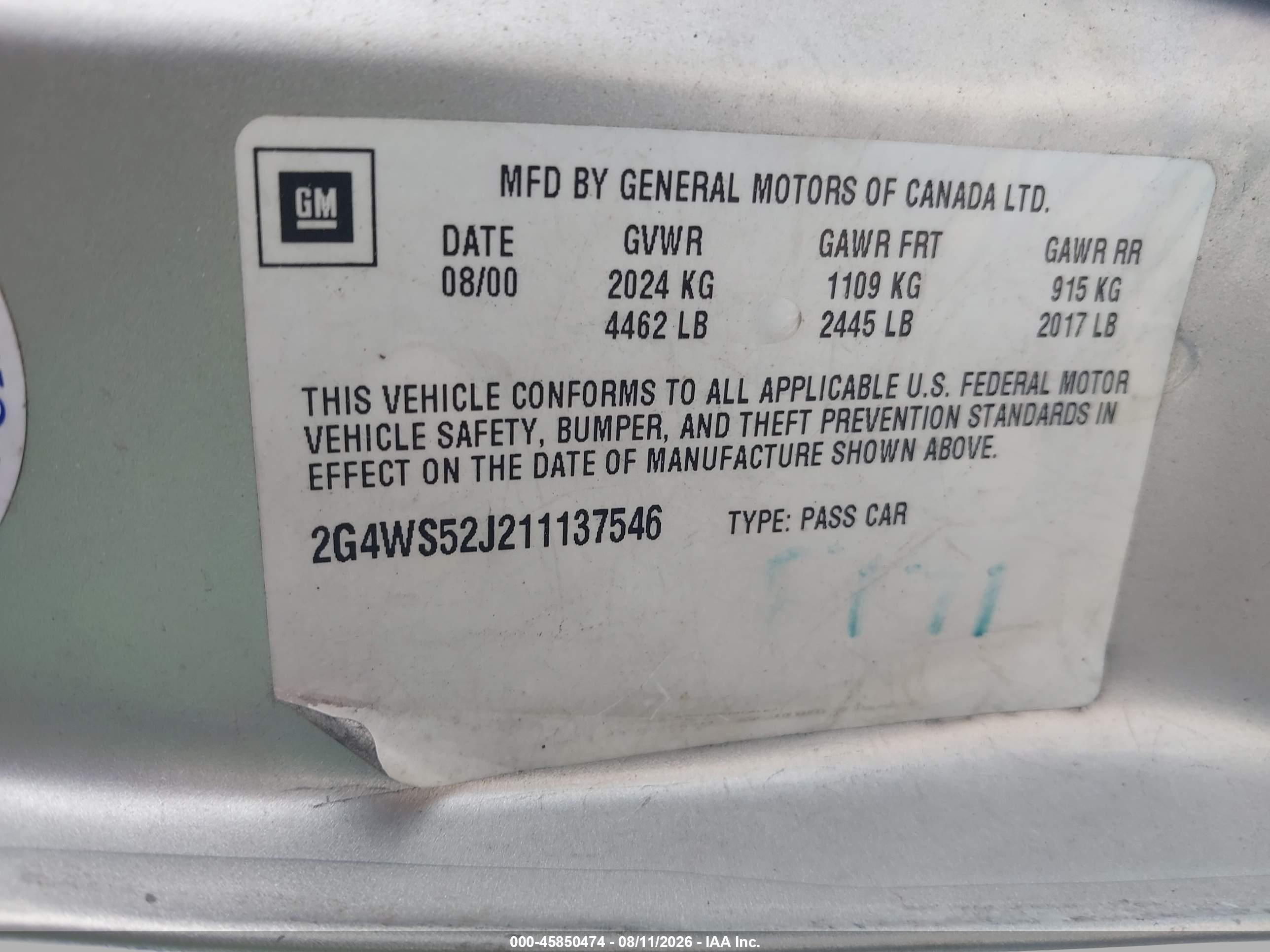 2001 Buick Century Custom Silver vin: 2G4WS52J211137546