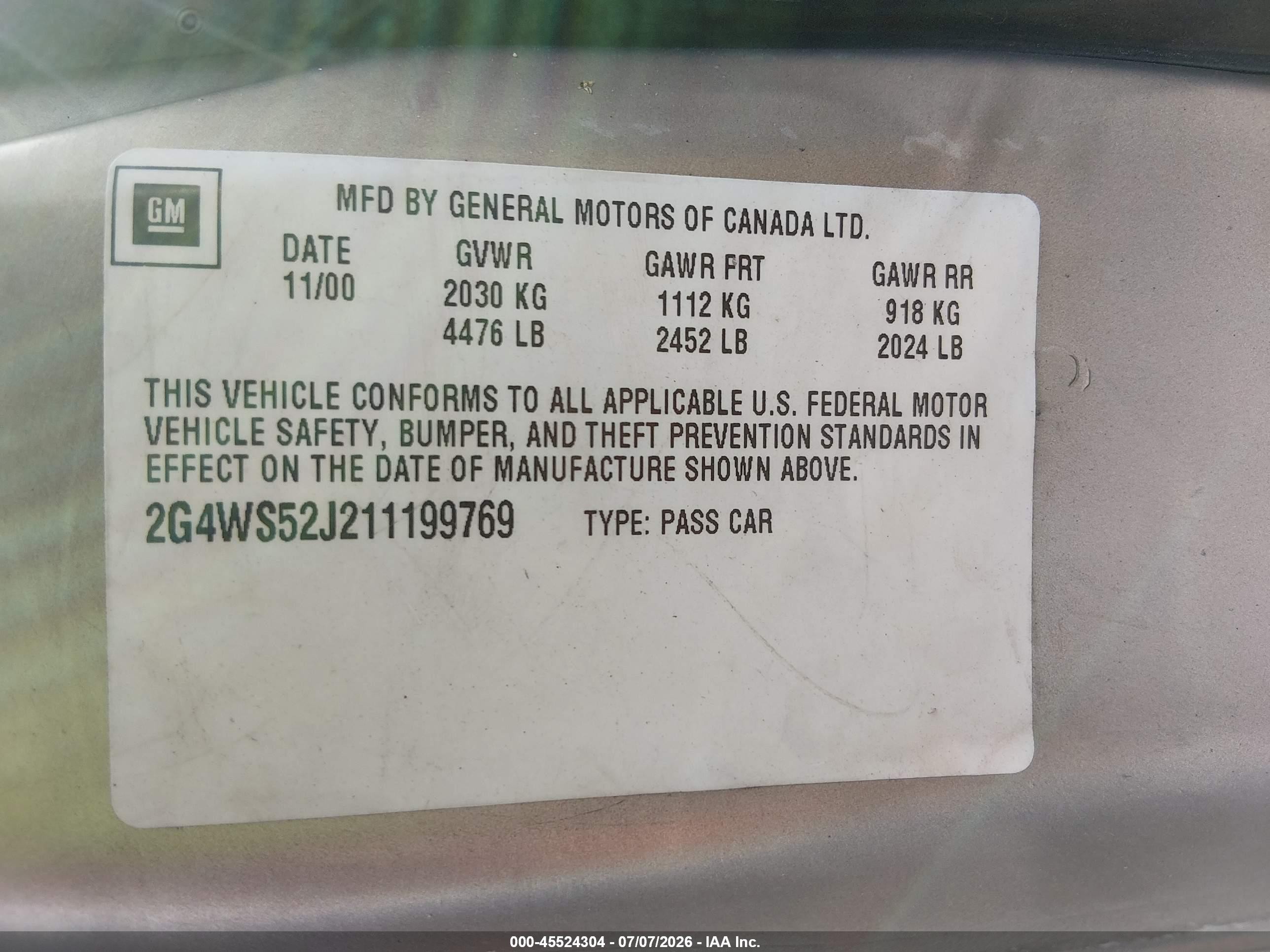 2001 Buick Century Custom Cream vin: 2G4WS52J211199769