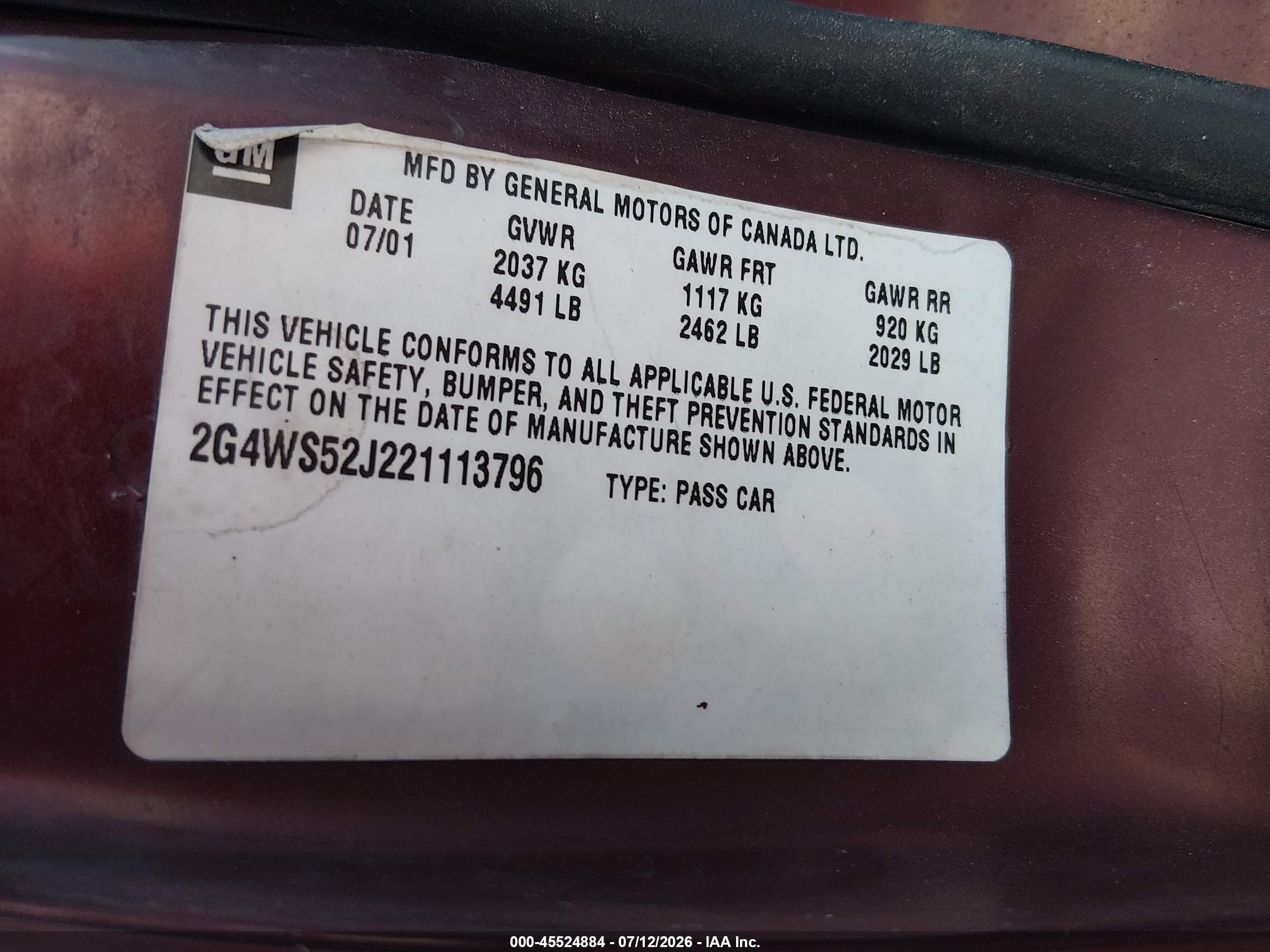 2002 Buick Century Custom Burgundy vin: 2G4WS52J221113796